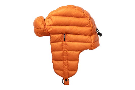 Unisex down-filled quilted fargo hat with adjustable chin strap in Atomic + Atomic