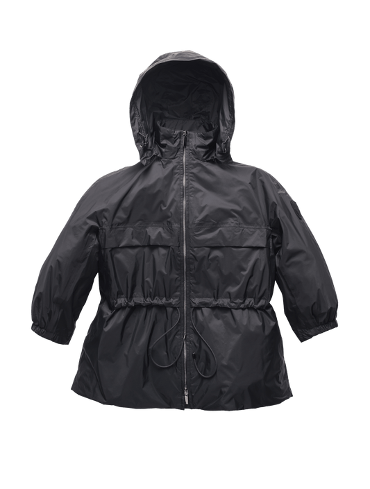 Women's waist length windbreaker with two chest pockets in Black + Black
