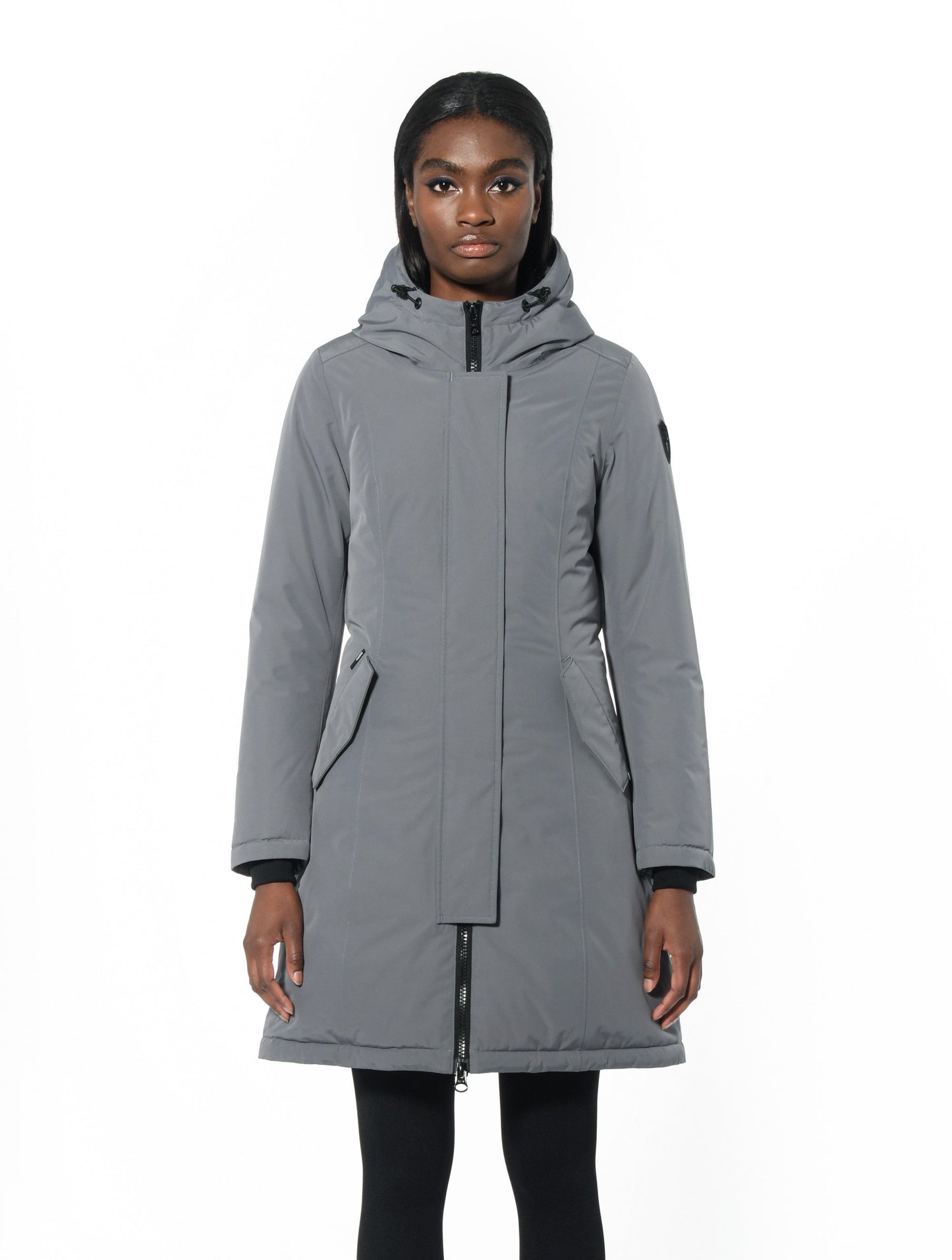 Ladies thigh length down-filled parka with non-removable hood and removable coyote fur trim in Concrete