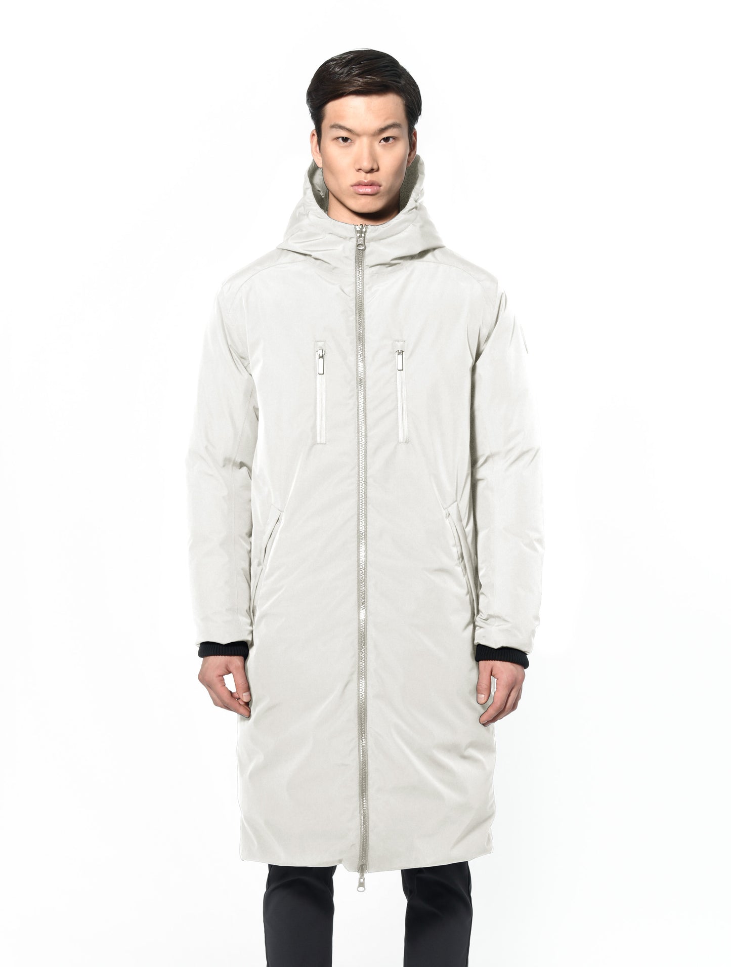 Men's knee length reversible down-filled parka with non-removable hood in Chalk