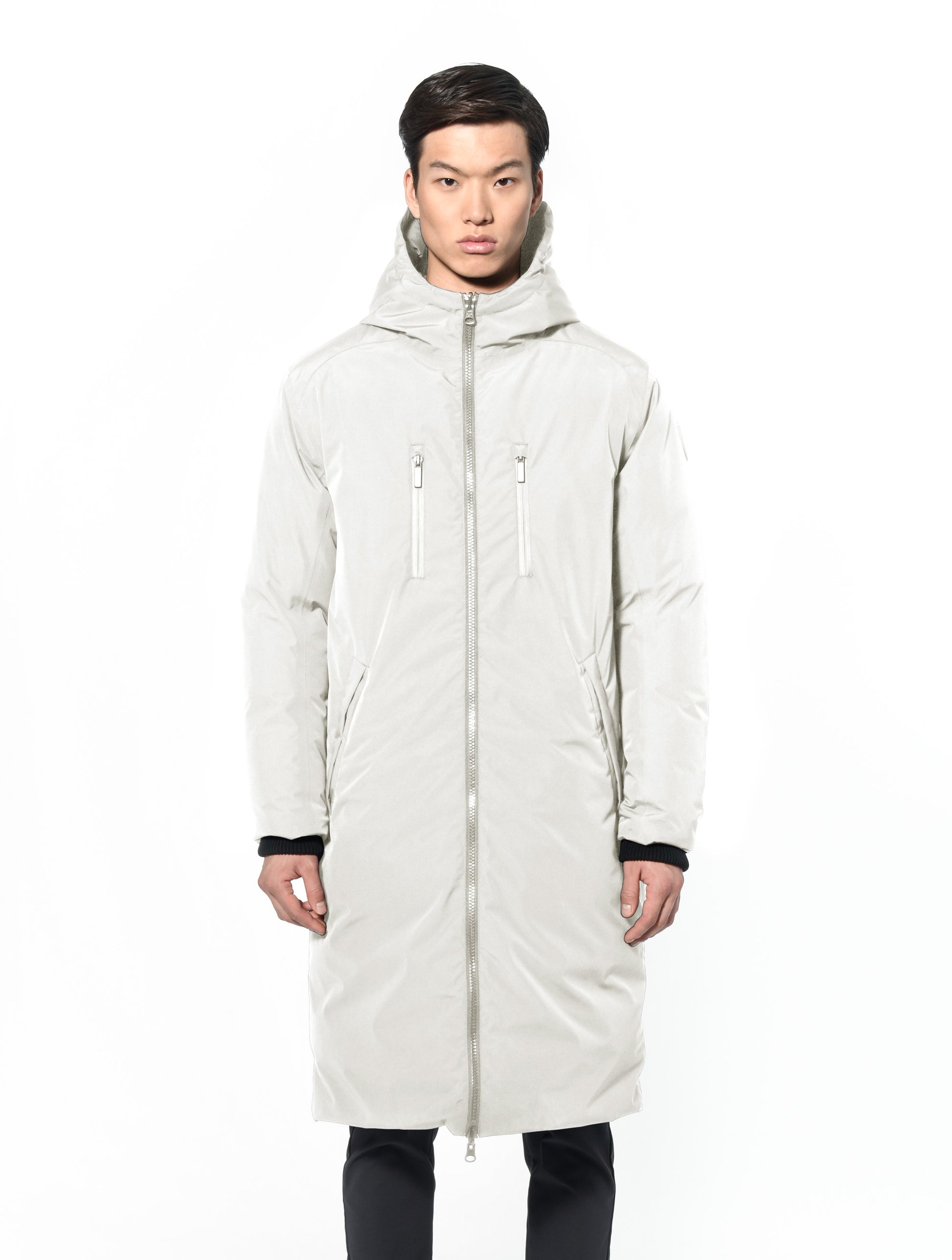 Men's knee length reversible down-filled parka with non-removable hood in Chalk