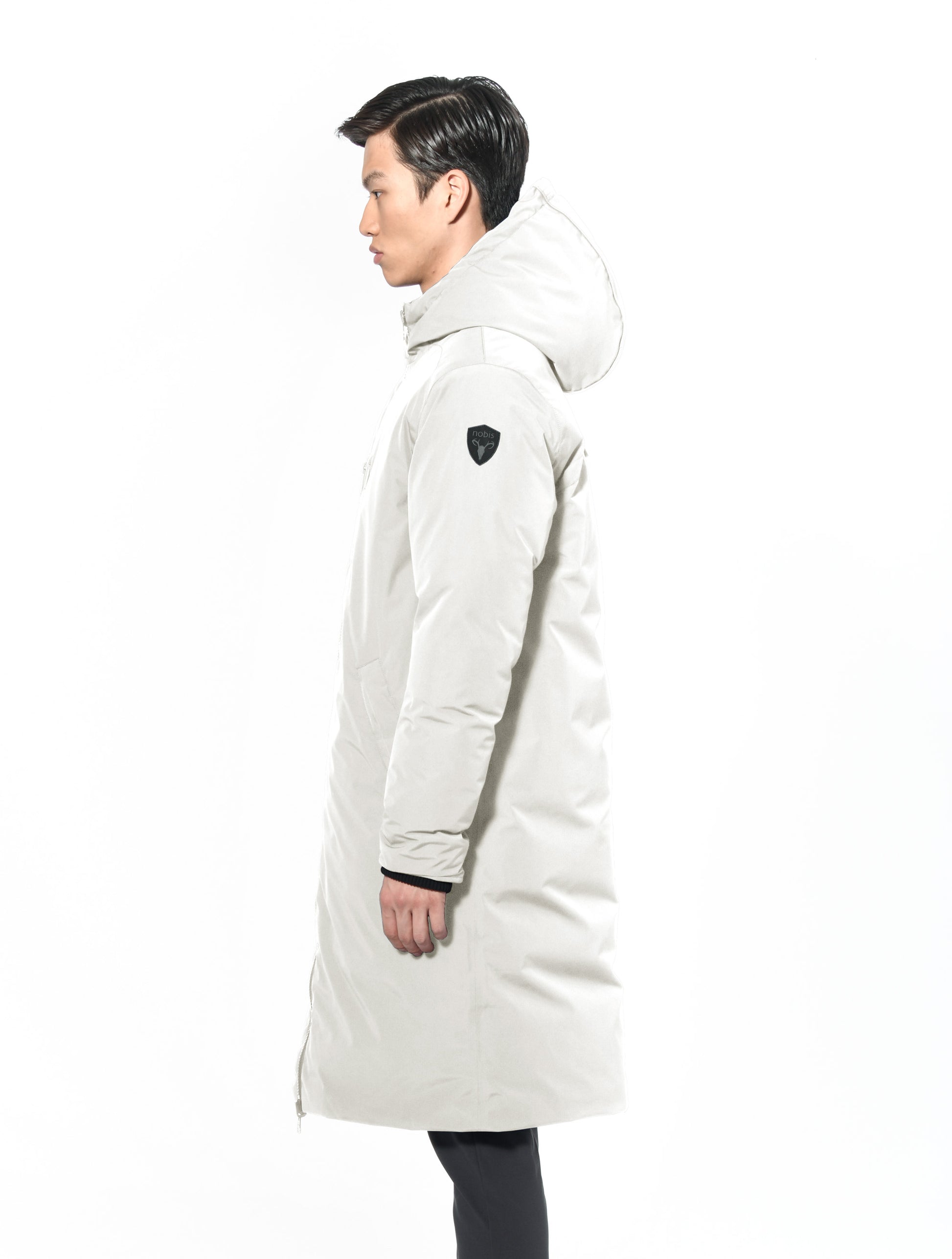 Men's knee length reversible down-filled parka with non-removable hood in Chalk