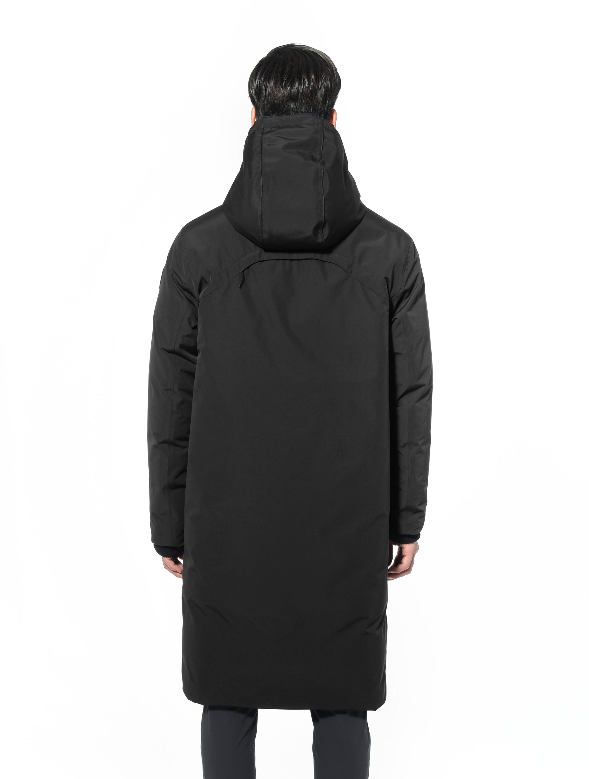 Men's knee length reversible down-filled parka with non-removable hood in Black