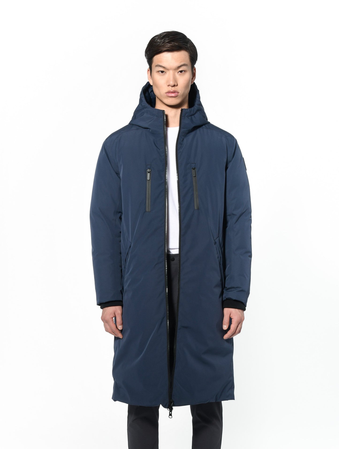 Men's knee length reversible down-filled parka with non-removable hood in Marine