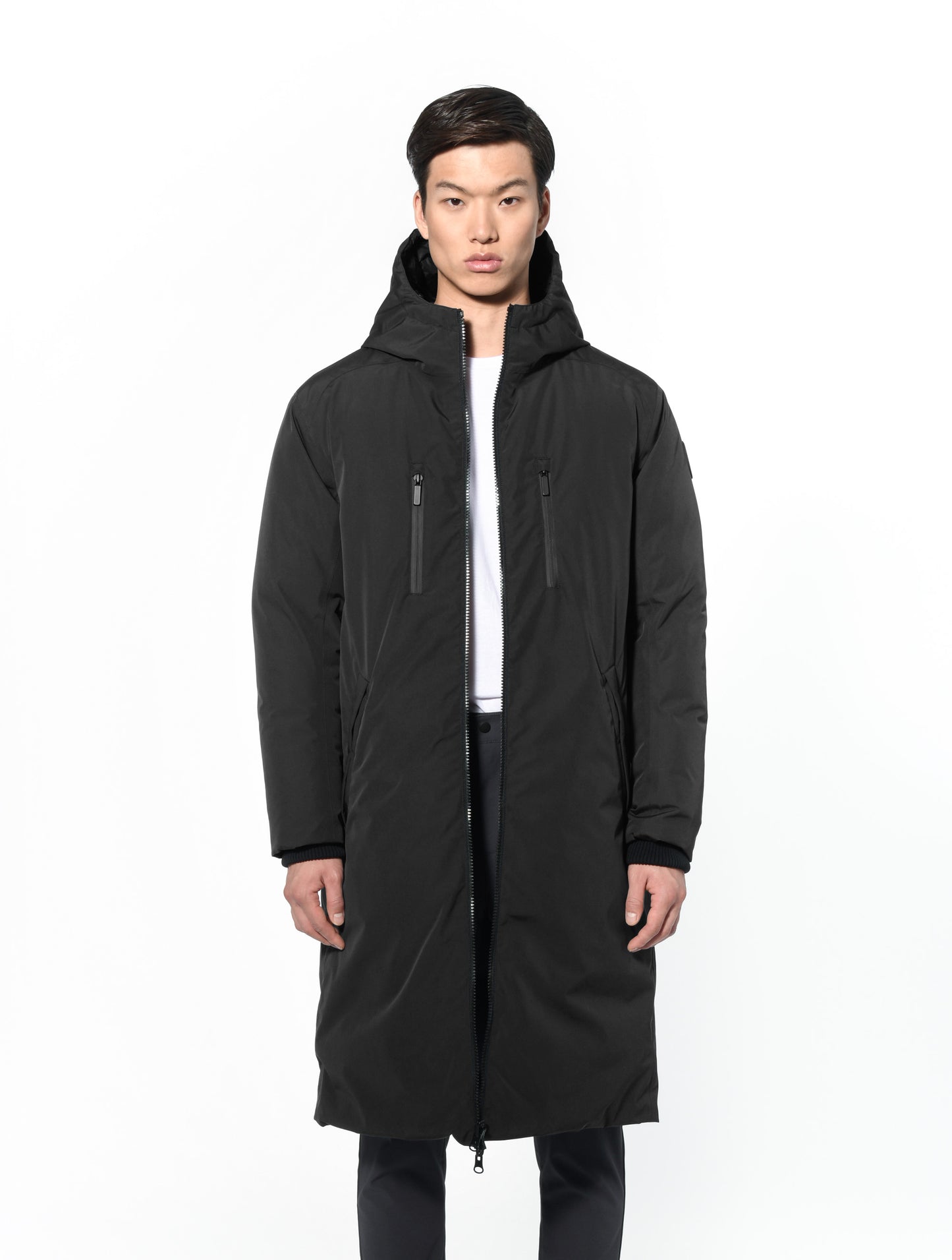 Men's knee length reversible down-filled parka with non-removable hood in Black