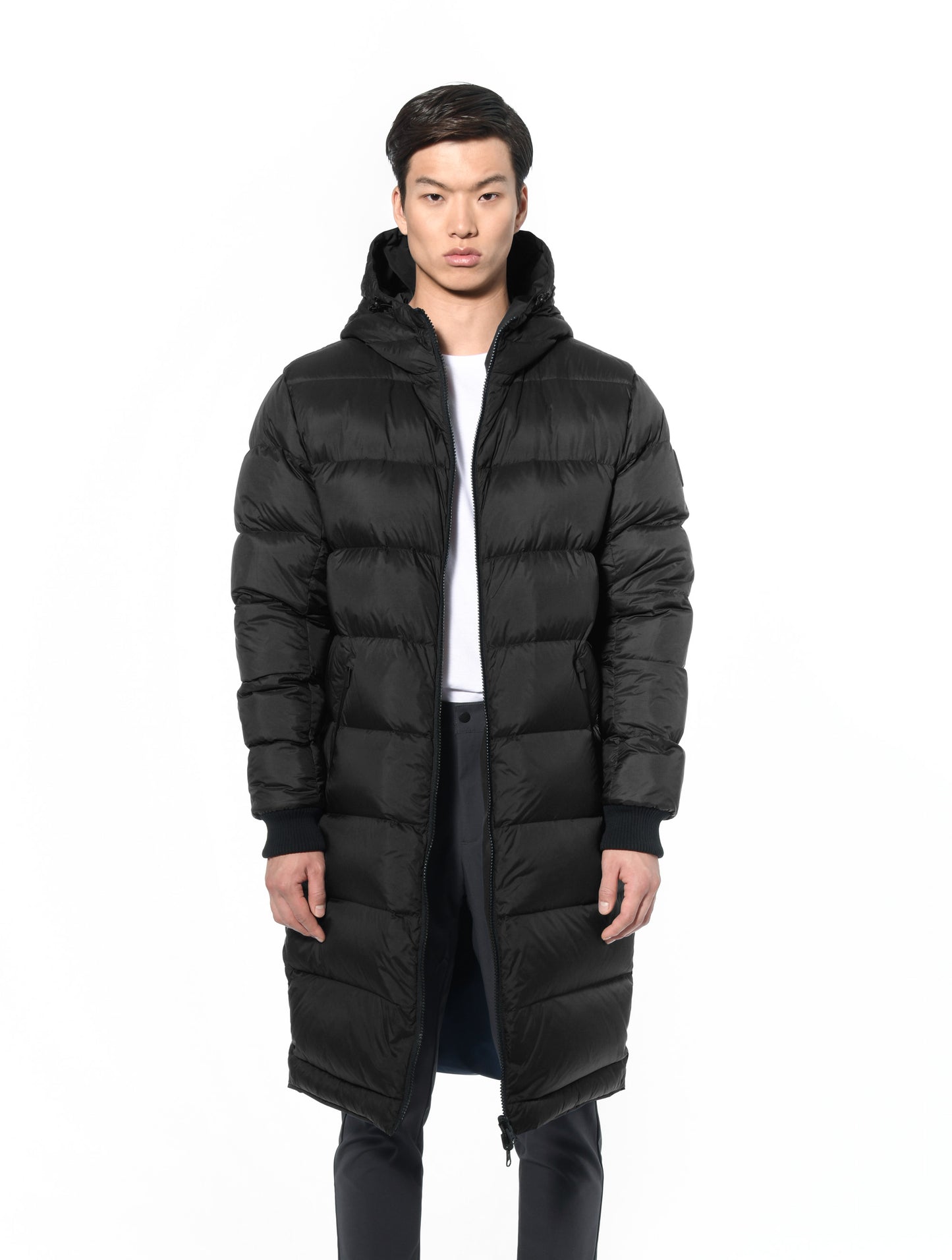 Men's knee length reversible down-filled parka with non-removable hood in Black