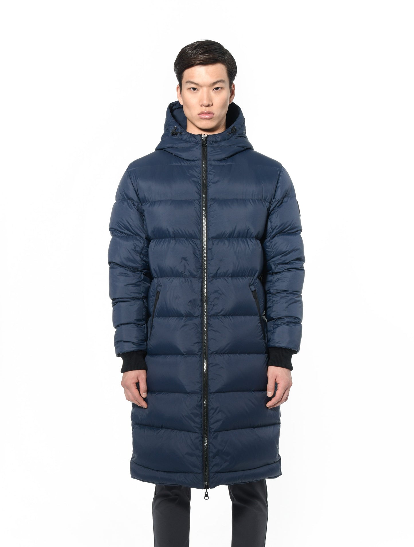 Men's knee length reversible down-filled parka with non-removable hood in Marine