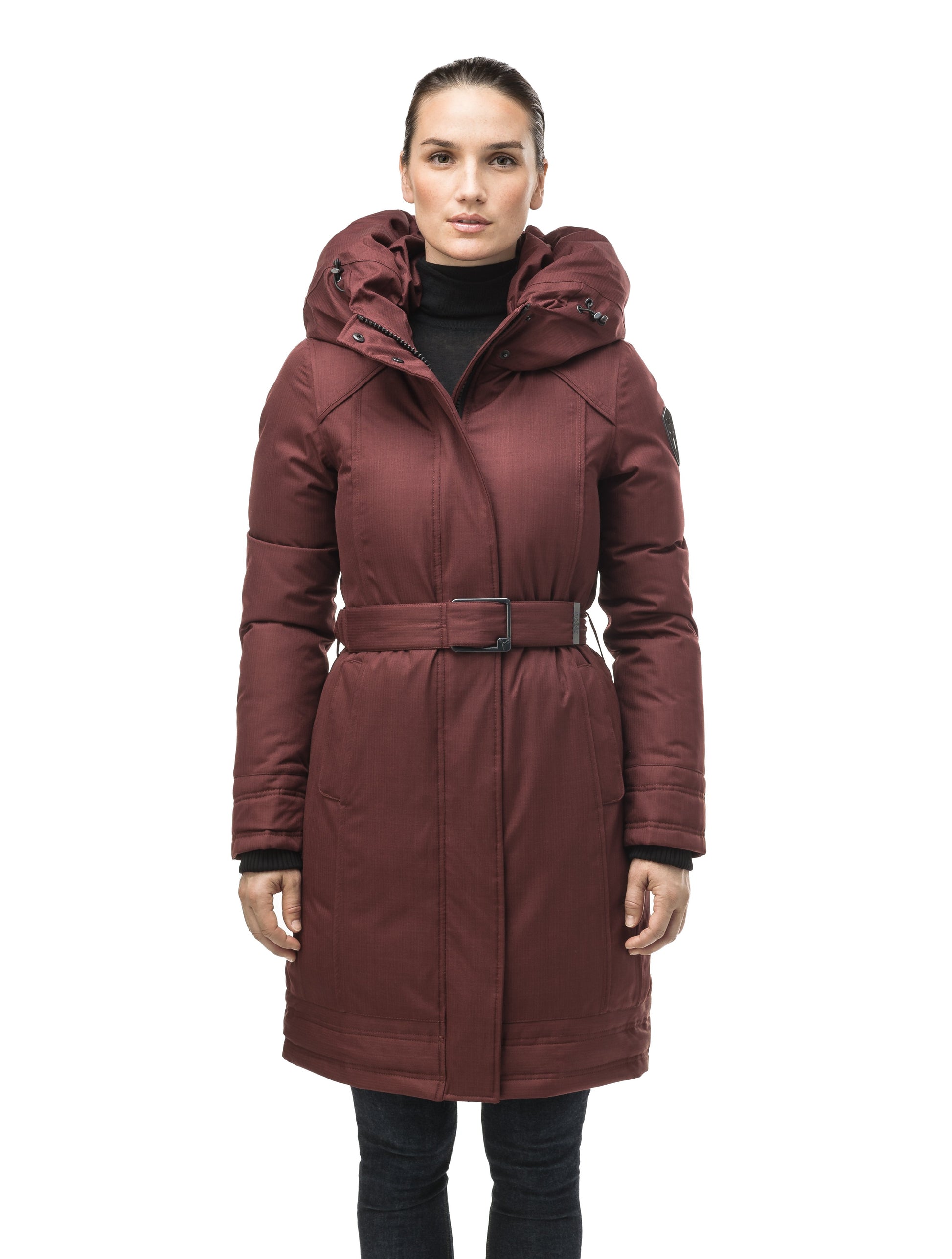 Women's Thigh length own parka with a furless oversized hood in CH Red Rum