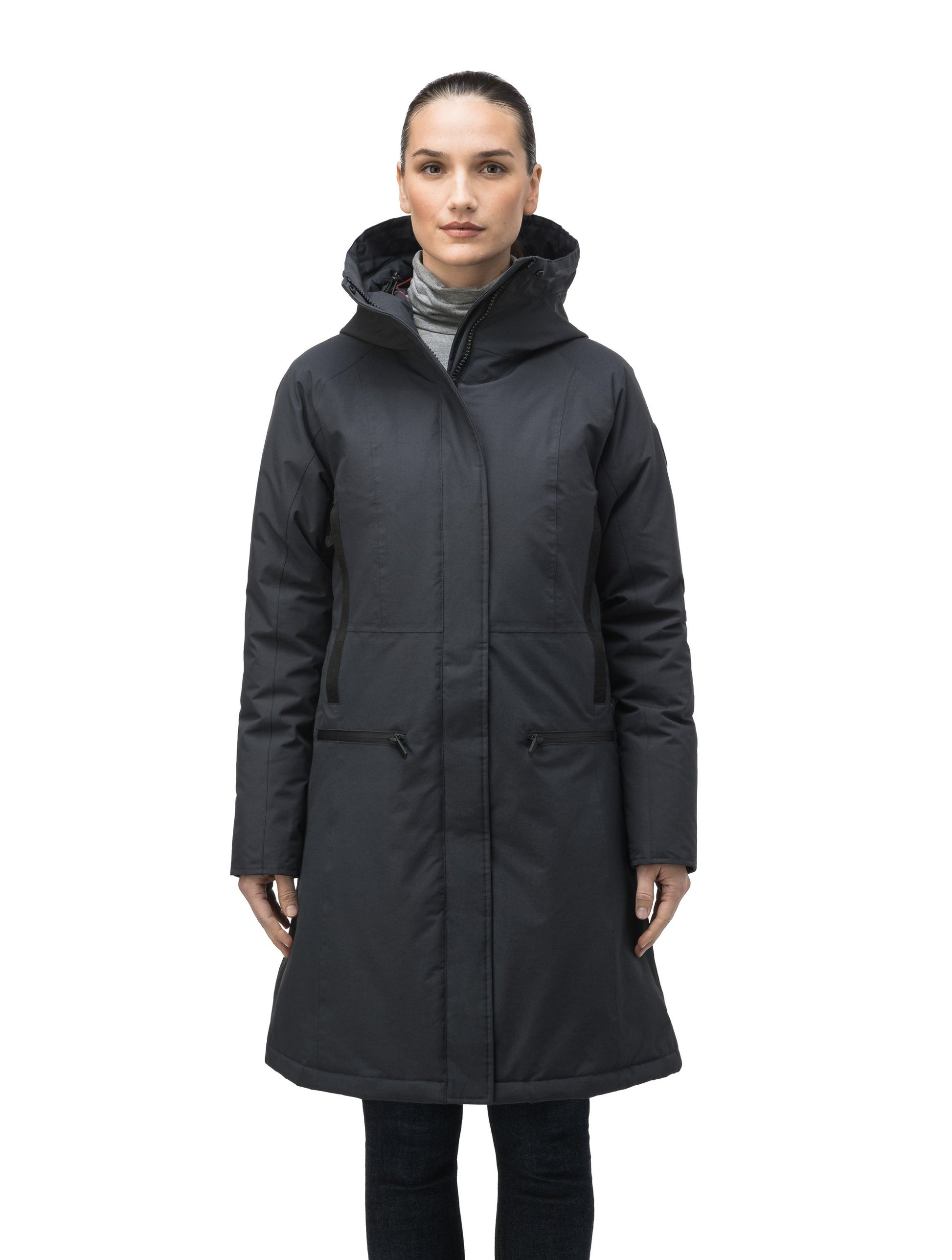 Knee length women's down filled parka with contrast ribbon accents and removable fur trim on the hood in Black