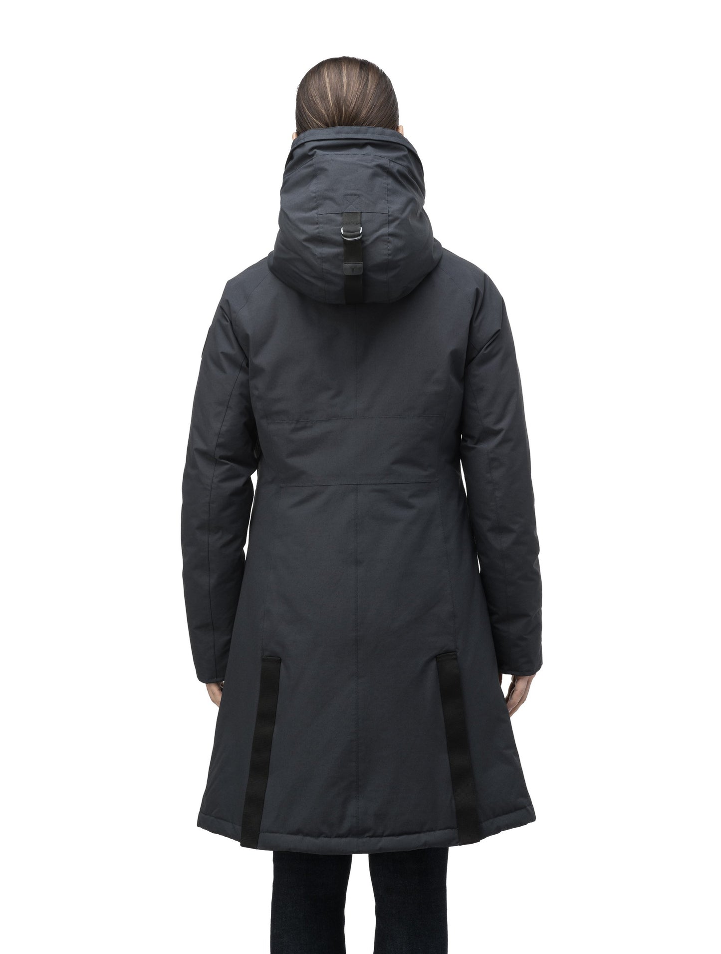 Knee length women's down filled parka with contrast ribbon accents and removable fur trim on the hood in Black