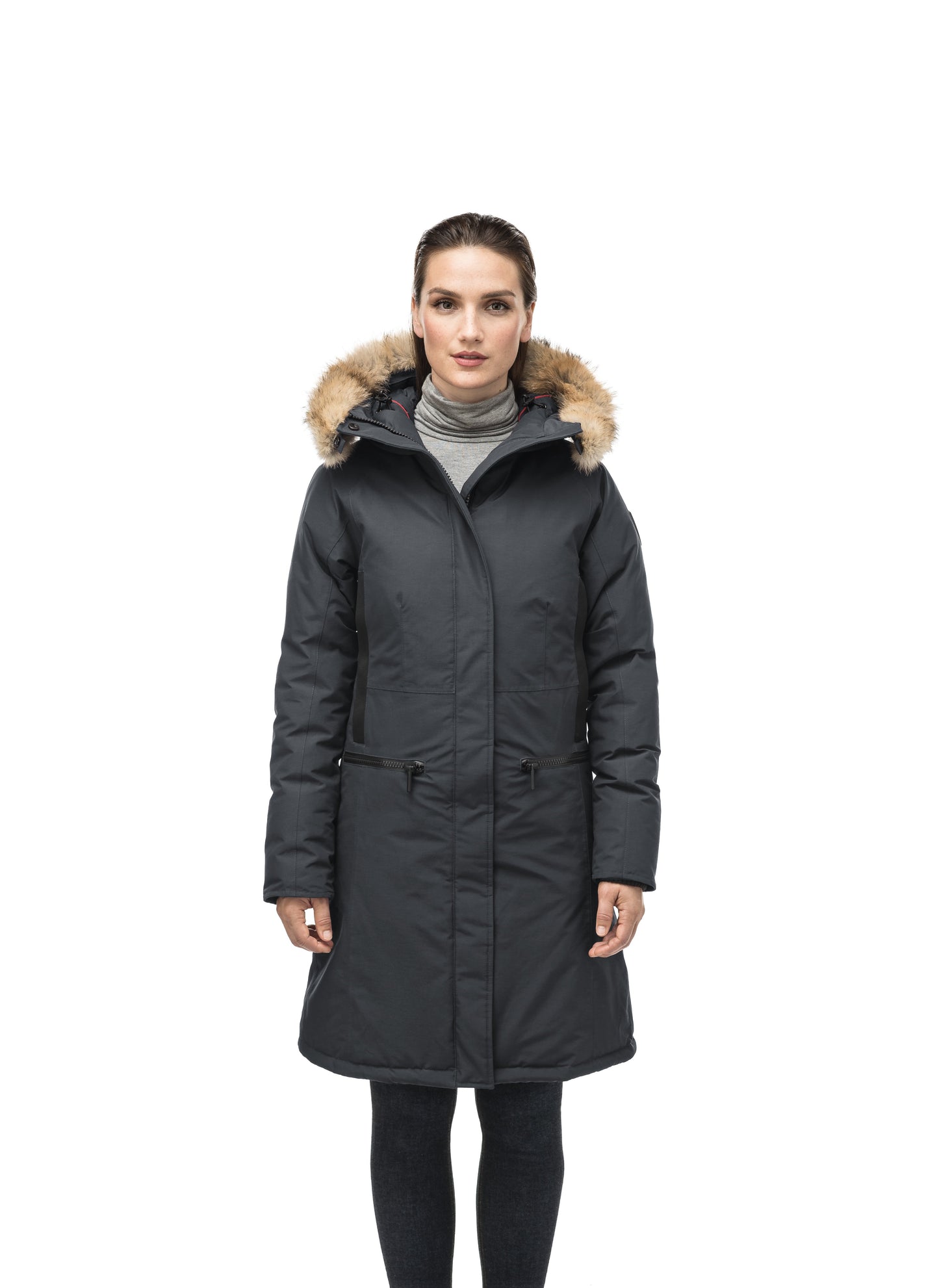 Knee length women's down filled parka with contrast ribbon accents and removable fur trim on the hood in Black