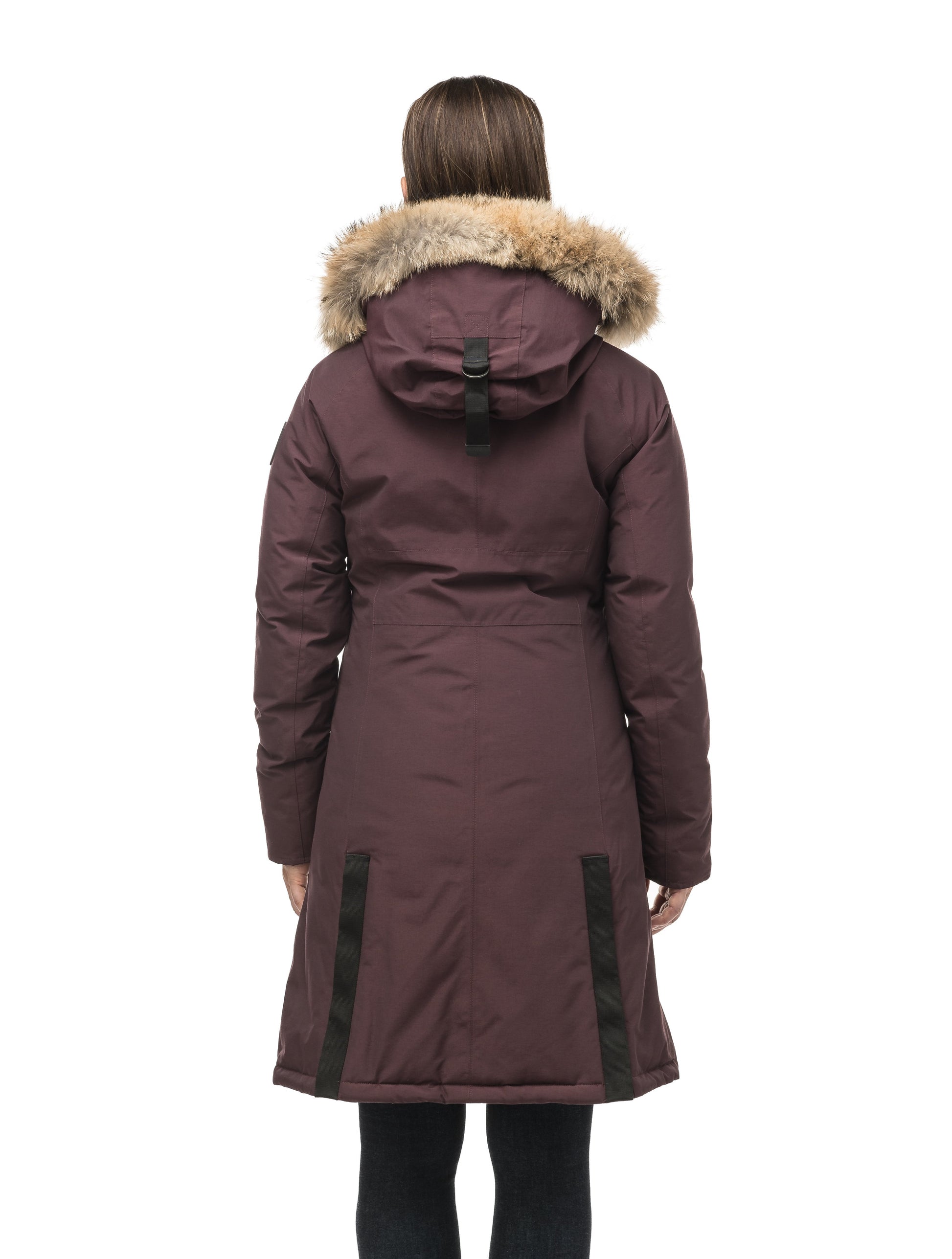 Knee length women's down filled parka with contrast ribbon accents and removable fur trim on the hood in Burgundy