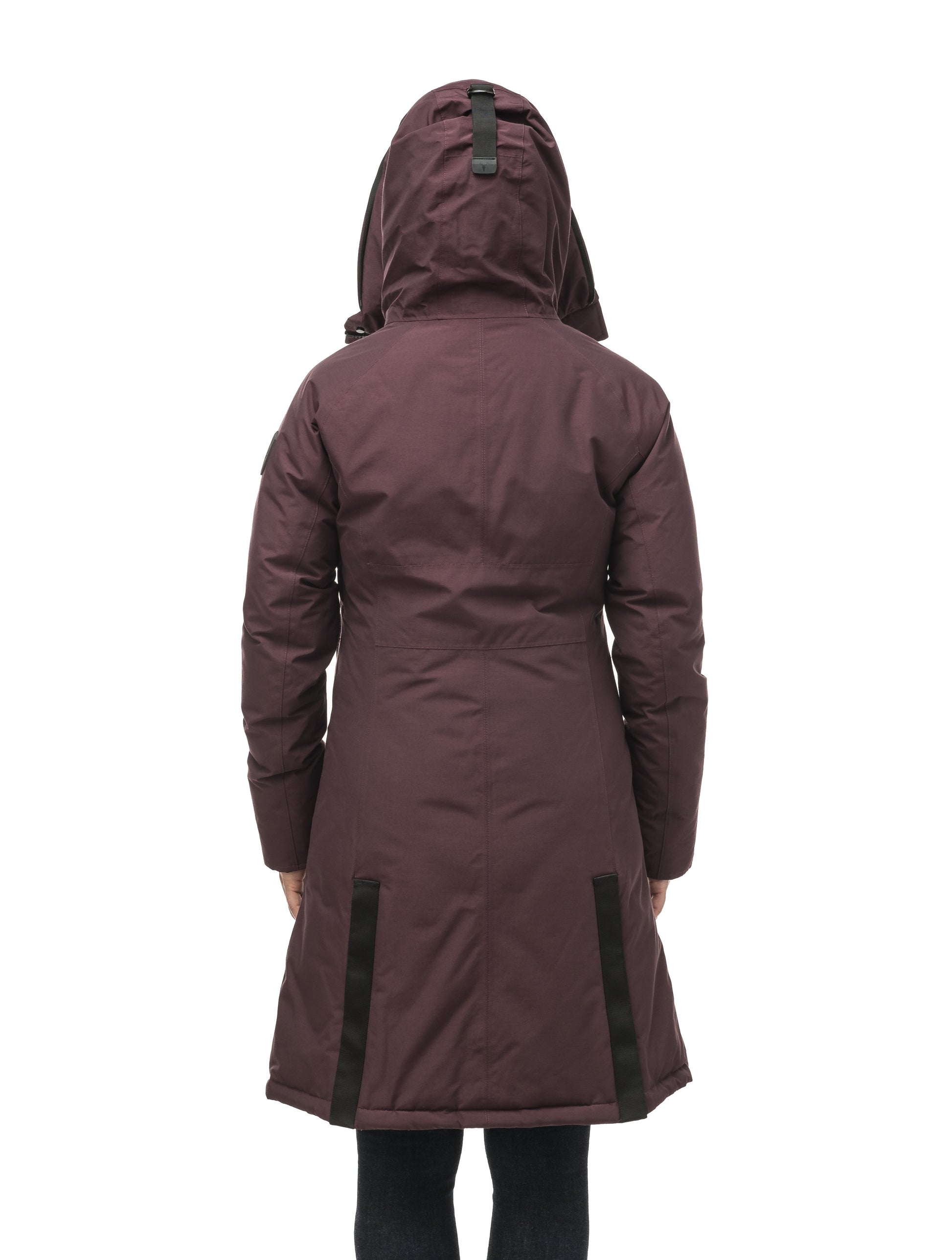 Knee length women's down filled parka with contrast ribbon accents and removable fur trim on the hood in Burgundy