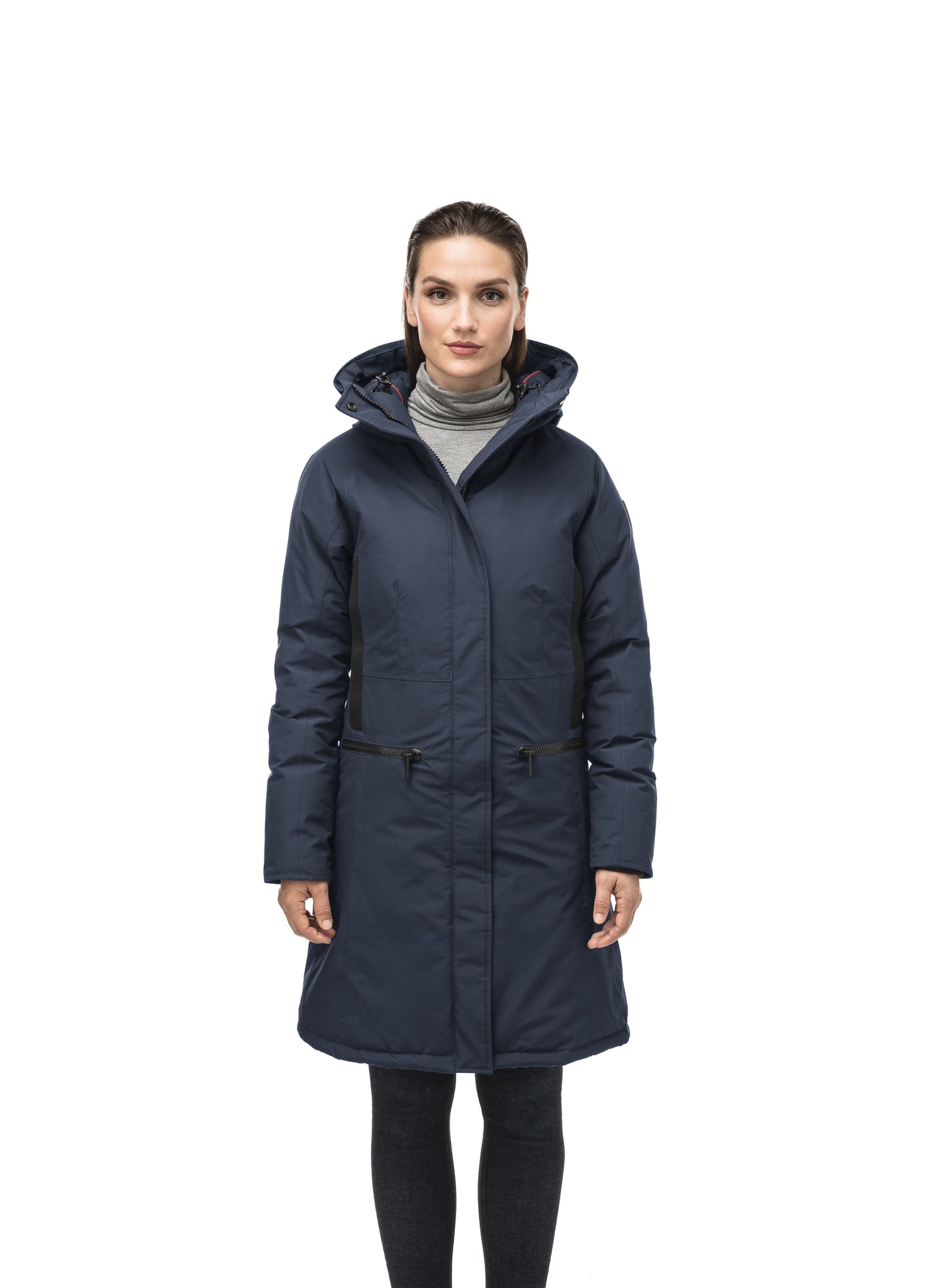 Knee length women's down filled parka with contrast ribbon accents and removable fur trim on the hood in Navy