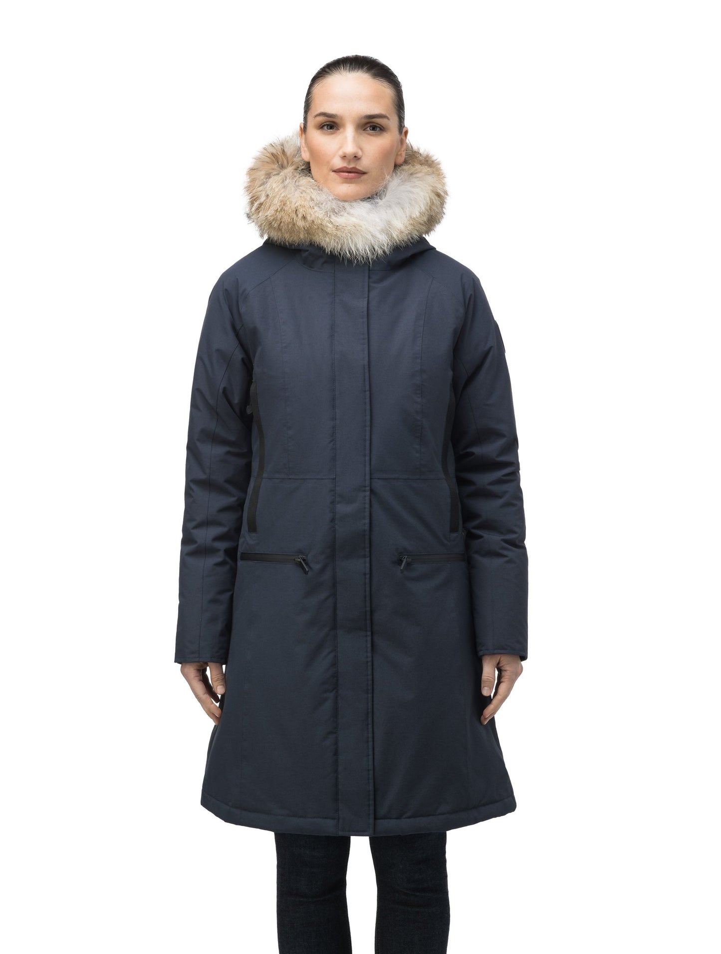 Knee length women's down filled parka with contrast ribbon accents and removable fur trim on the hood in Navy