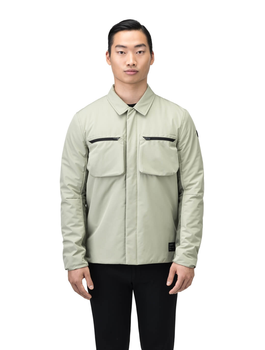 Ander Men's Mid Layer Shirt in hip length, PrimaLoft Gold Insulation Active+, 3-Ply Micro Denier front and 4-Way Durable Stretch Weave back, zipper chest pockets, snap button wind flap, and snap button cuffs, in Tea/Clover