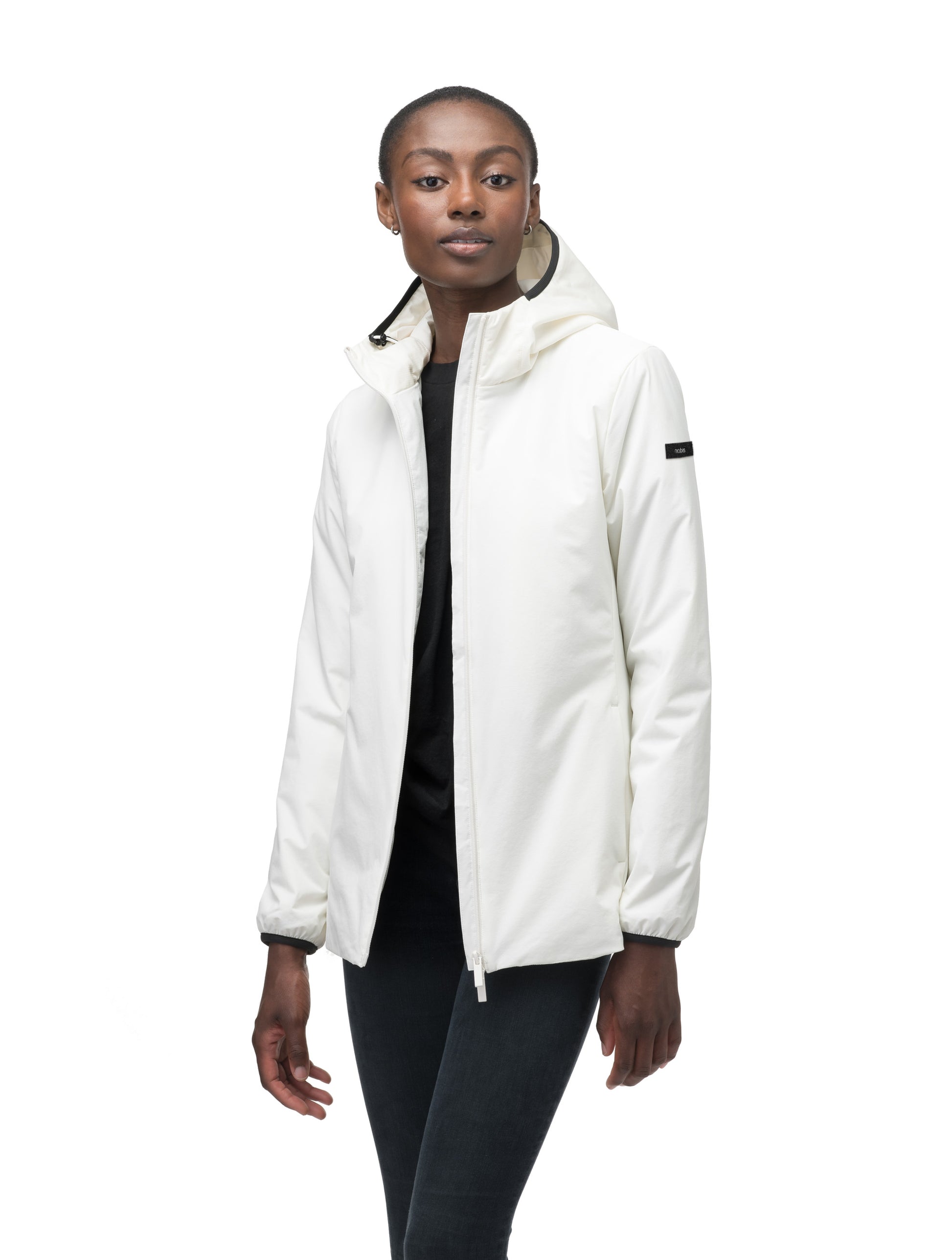 Ladies hip length mid layer jacket with non-removable hood and two-way zipper in Chalk