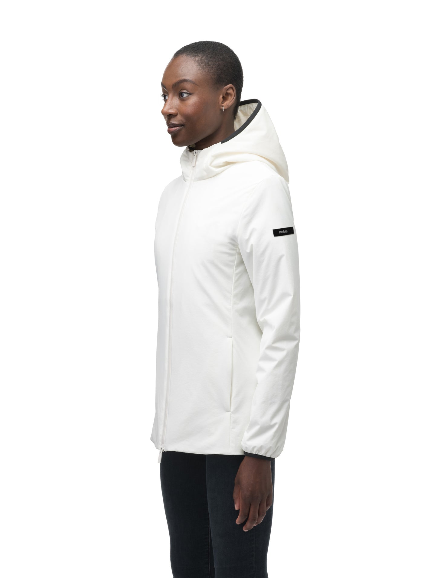 Ladies hip length mid layer jacket with non-removable hood and two-way zipper in Chalk