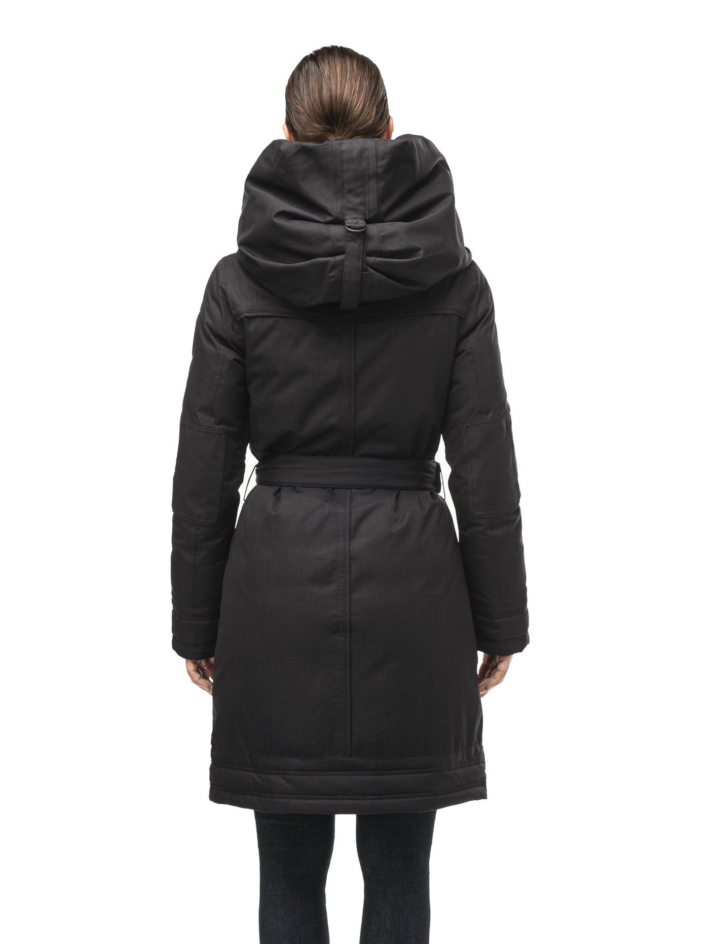 Women's Thigh length own parka with a furless oversized hood in CH Black