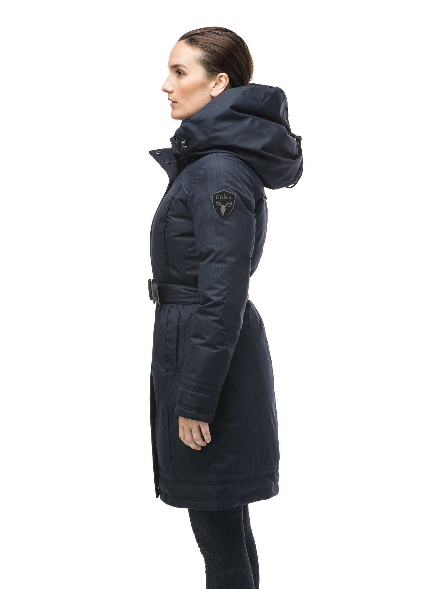 Women's Thigh length own parka with a furless oversized hood in CH Navy