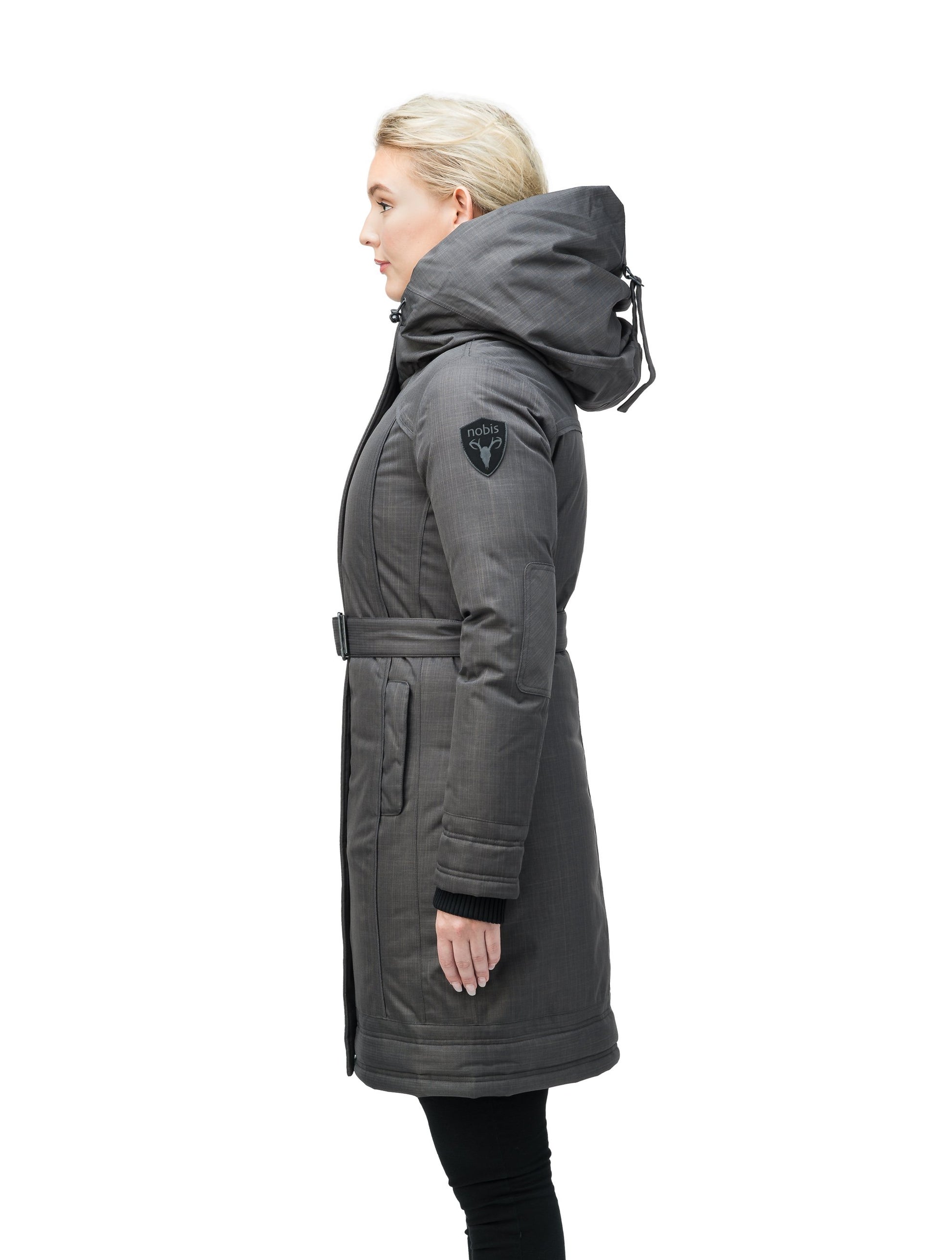 Women's Thigh length own parka with a furless oversized hood in CH Steel Grey