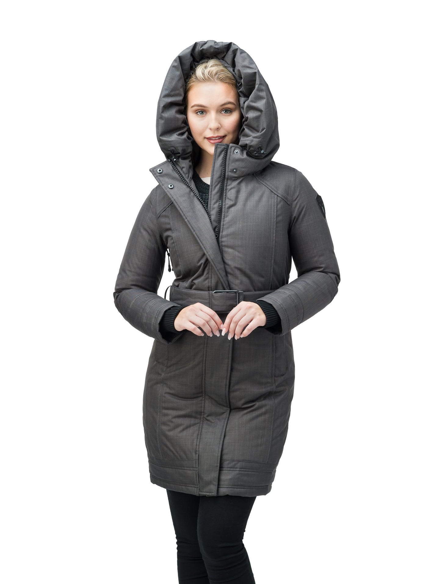 Women's Thigh length own parka with a furless oversized hood in CH Steel Grey