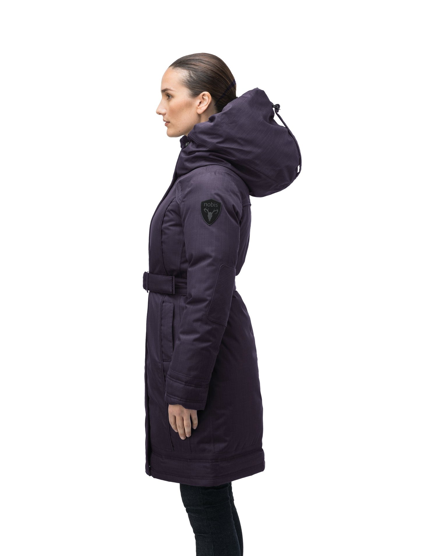 Women's Thigh length own parka with a furless oversized hood in CH Purple