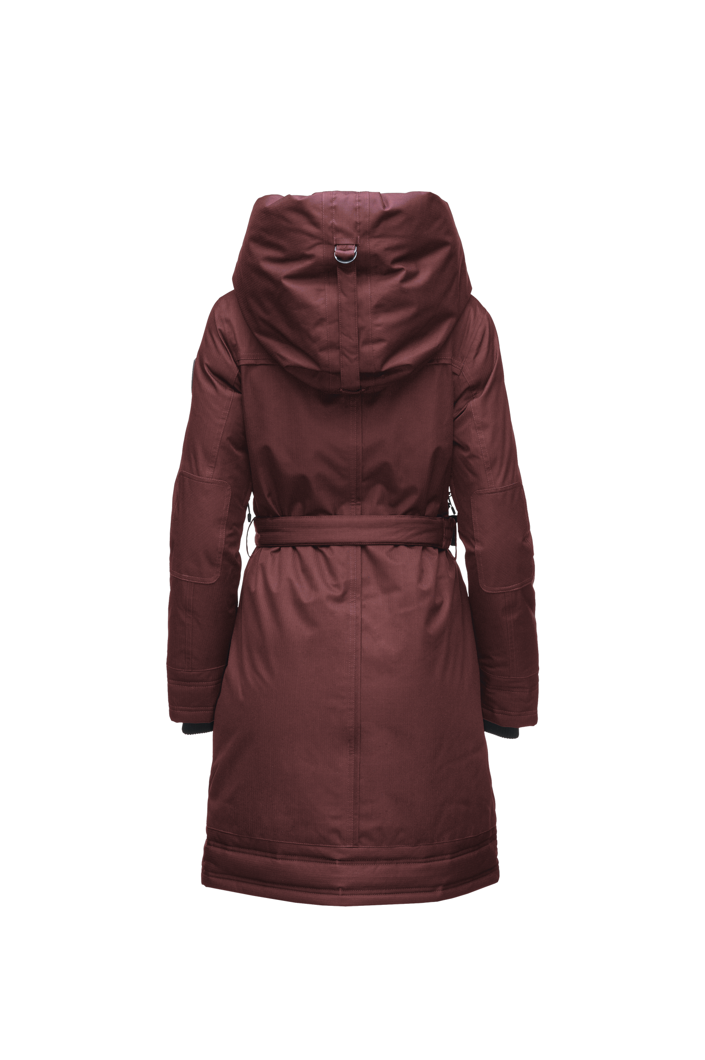 Women's Thigh length own parka with a furless oversized hood in CH Red Rum