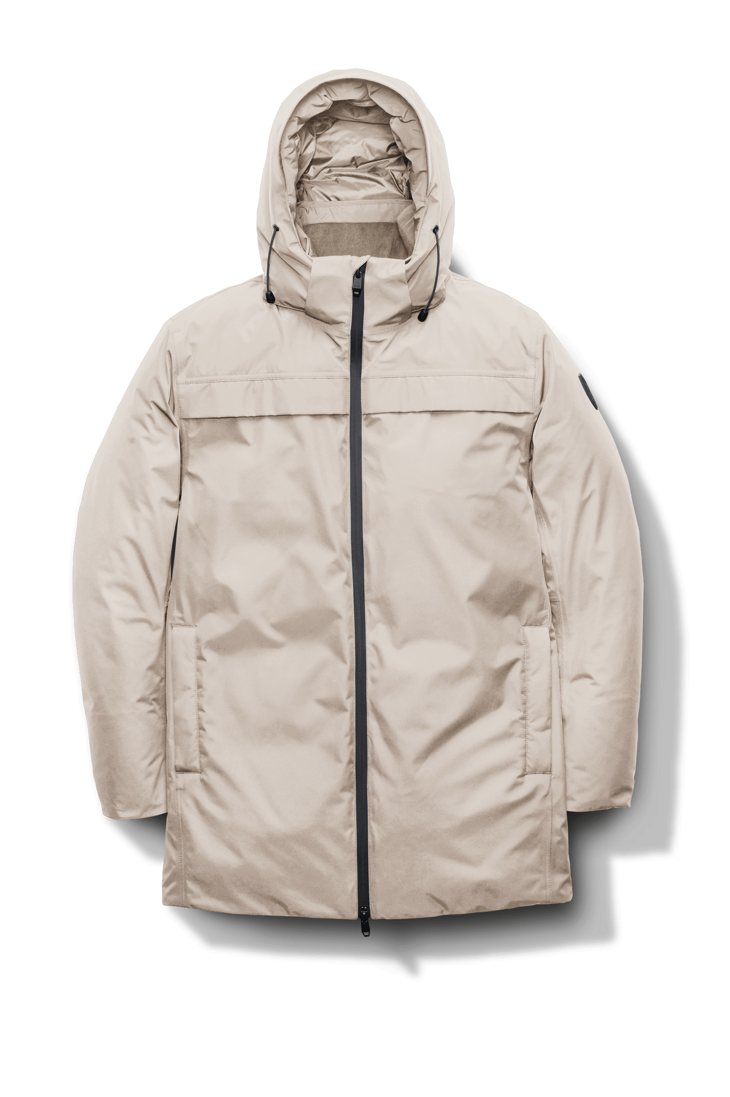 Atlas Men's Performance Parka in thigh length, Canadian duck down insulation, removable hood, and two-way zipper, in Clay