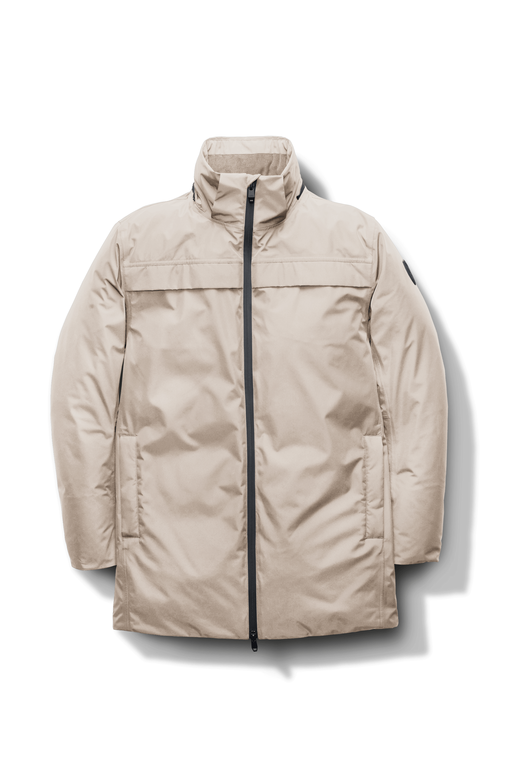 Atlas Men's Performance Parka in thigh length, Canadian duck down insulation, removable hood, and two-way zipper, in Clay