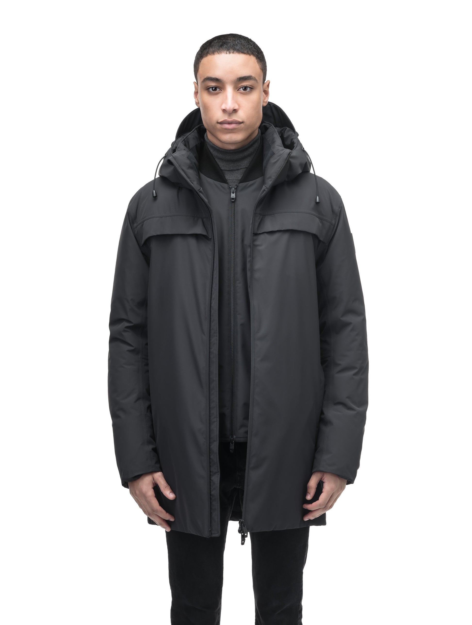 Atlas Men's Performance Parka in thigh length, Canadian duck down insulation, removable hood, and two-way zipper, in Black