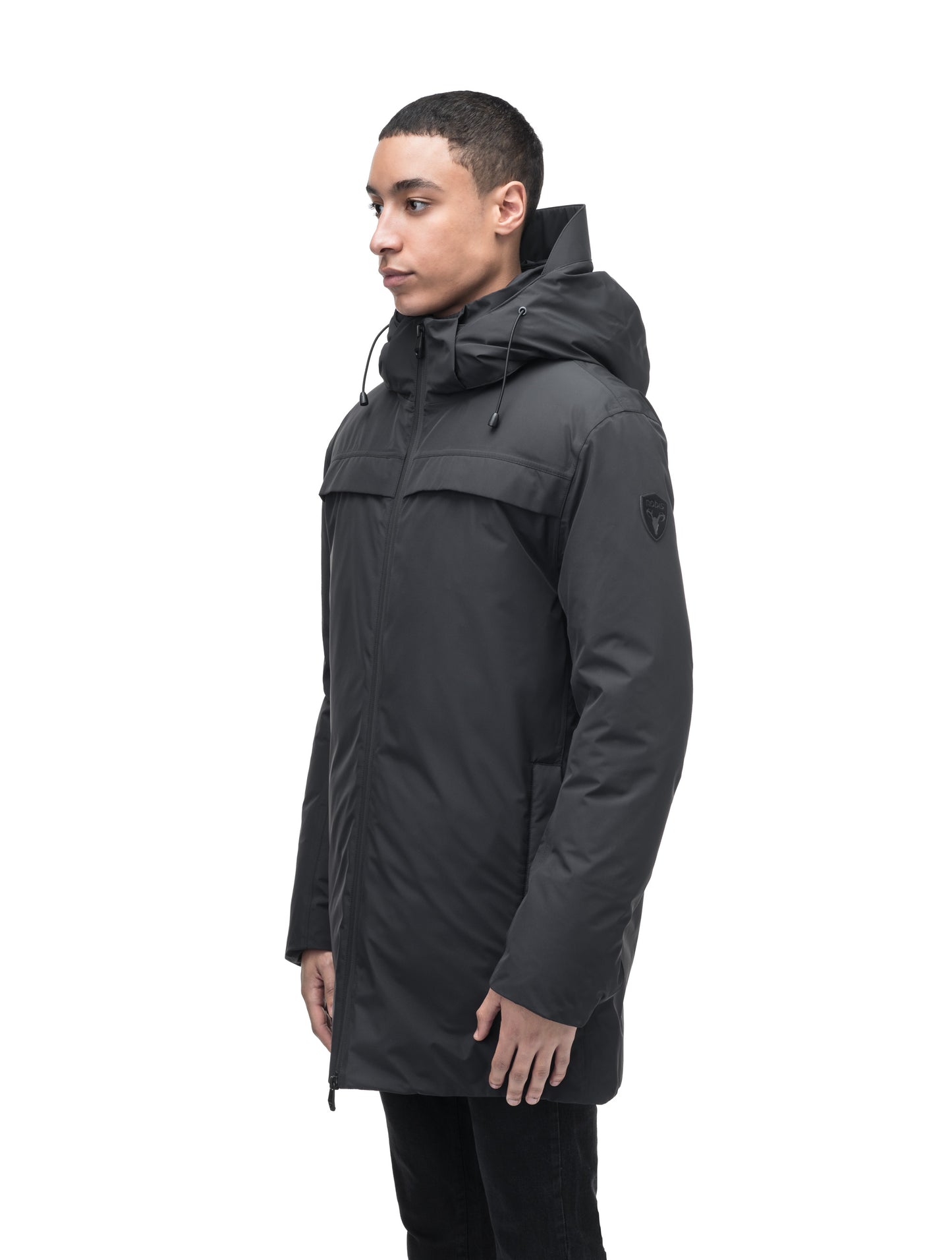 Atlas Men's Performance Parka in thigh length, Canadian duck down insulation, removable hood, and two-way zipper, in Black