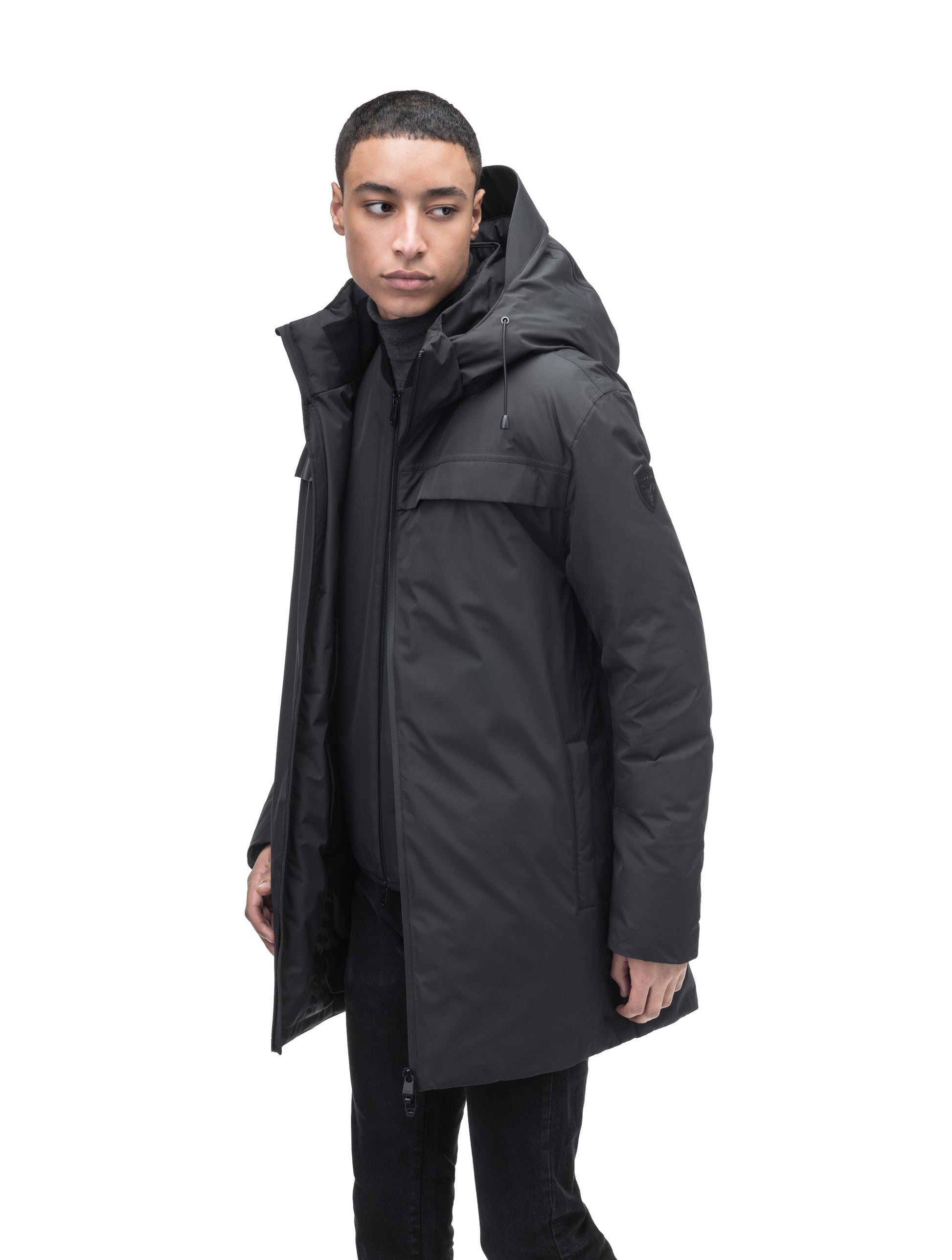 Atlas Men's Performance Parka in thigh length, Canadian duck down insulation, removable hood, and two-way zipper, in Black