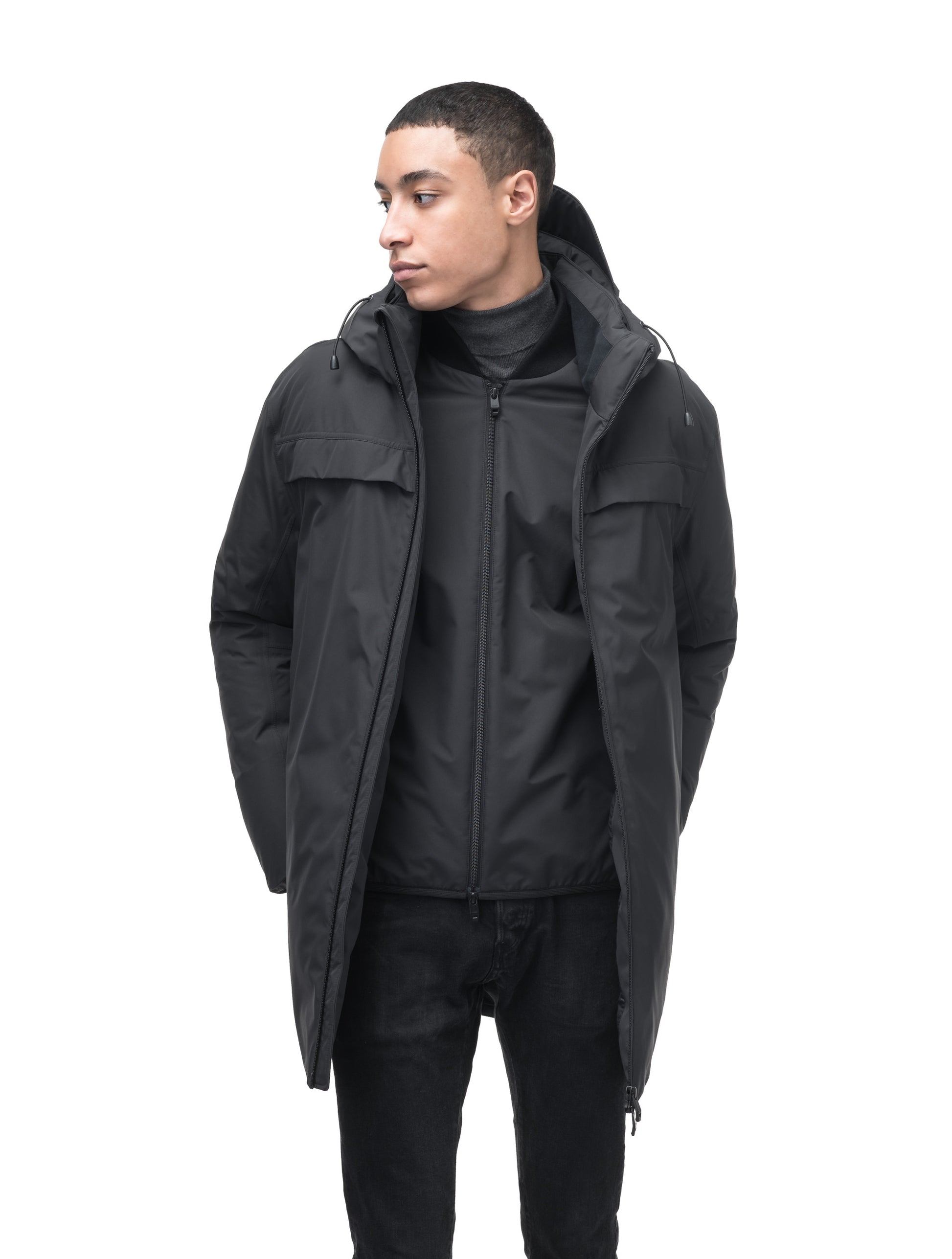 Atlas Men's Performance Parka in thigh length, Canadian duck down insulation, removable hood, and two-way zipper, in Black