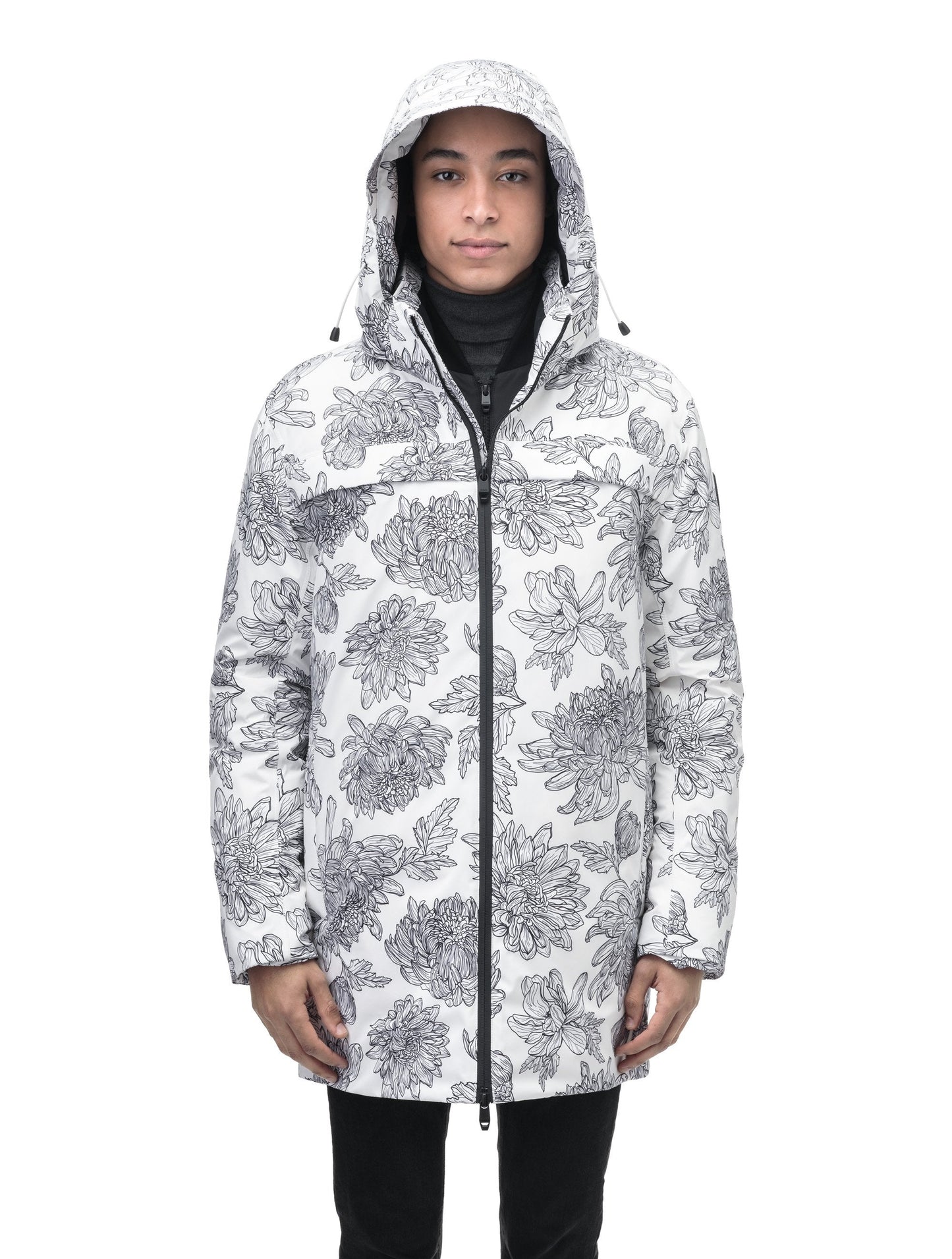 Atlas Men's Performance Parka in thigh length, Canadian duck down insulation, removable hood, and two-way zipper, in White Floral