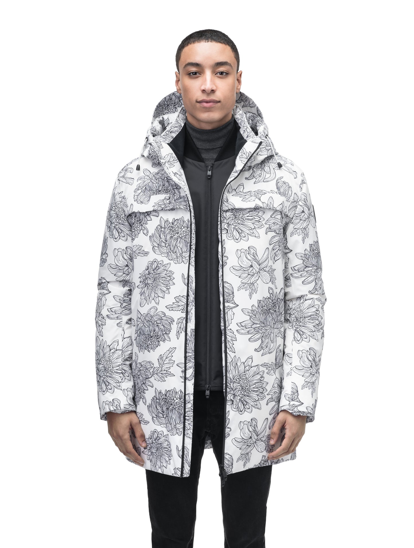 Atlas Men's Performance Parka in thigh length, Canadian duck down insulation, removable hood, and two-way zipper, in White Floral