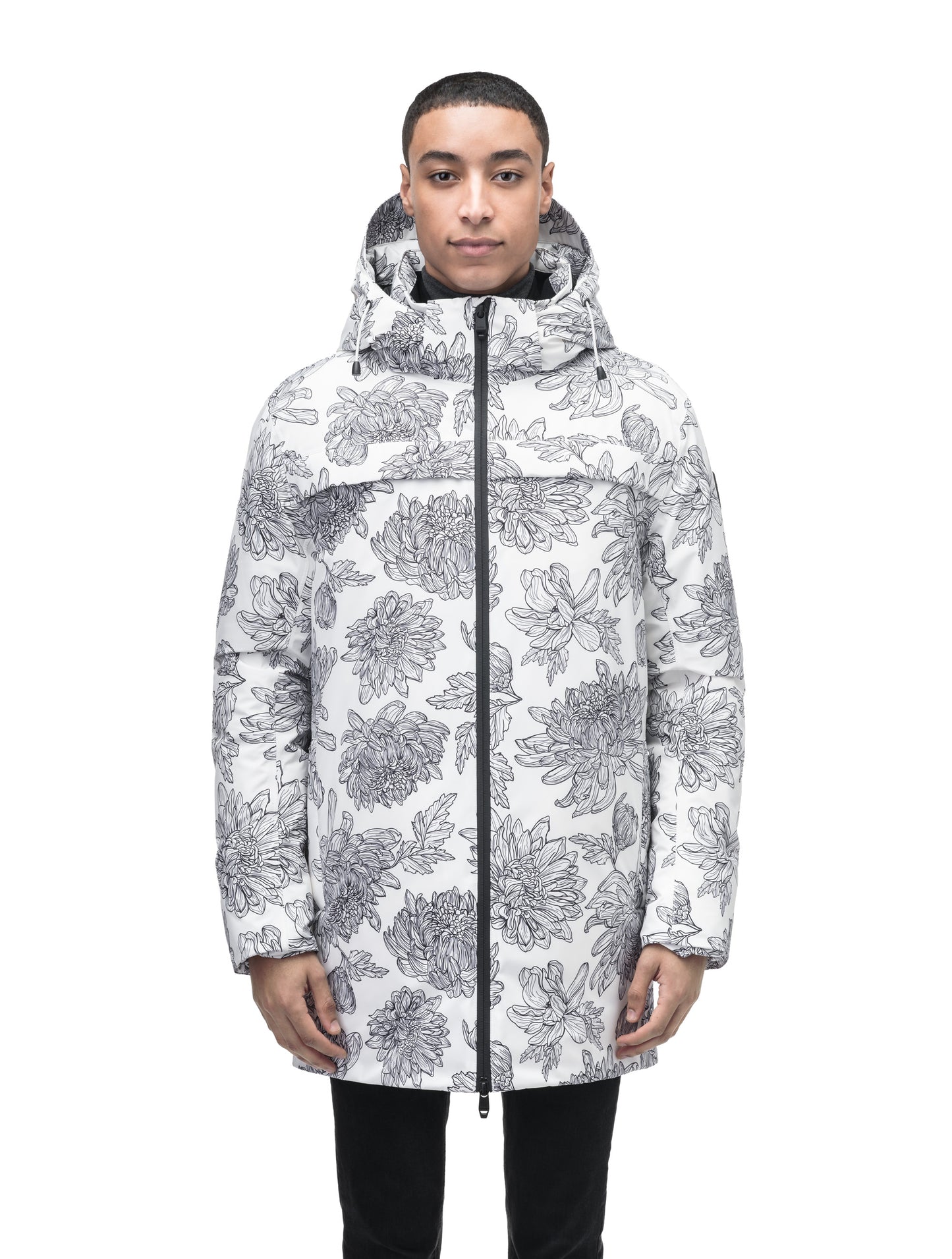 Atlas Men's Performance Parka in thigh length, Canadian duck down insulation, removable hood, and two-way zipper, in White Floral