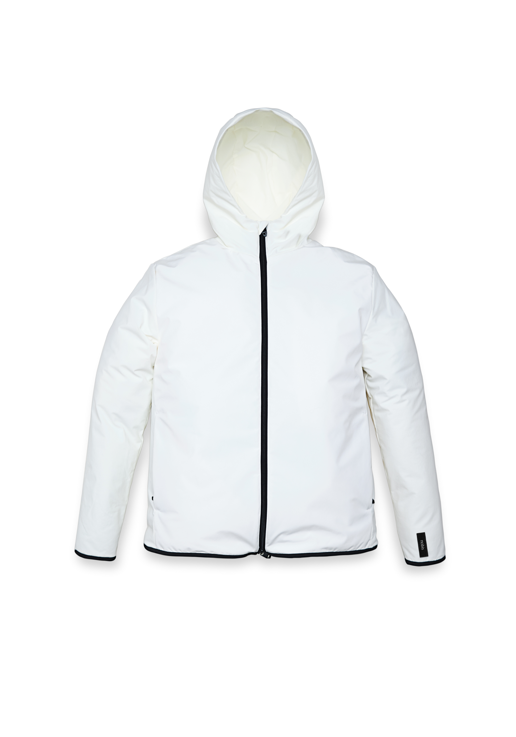 Men's hip length mid layer jacket with non-removable hood and two-way zipper in Chalk