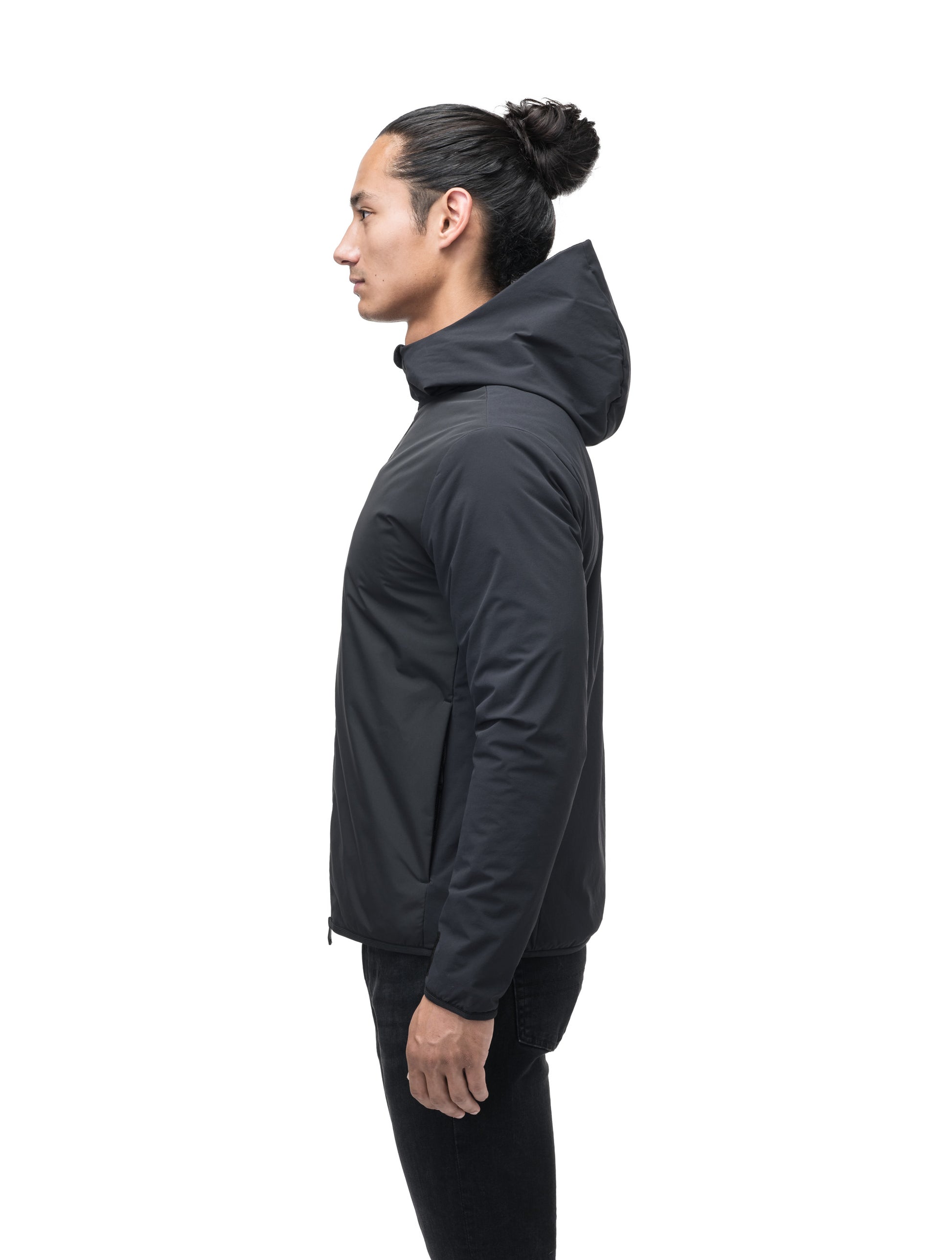 Men's hip length mid layer jacket with non-removable hood and two-way zipper in Black