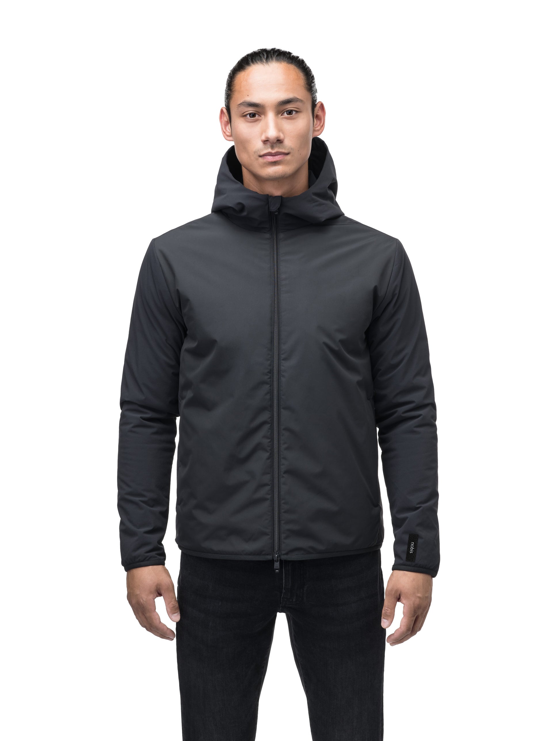 Men's hip length mid layer jacket with non-removable hood and two-way zipper in Black