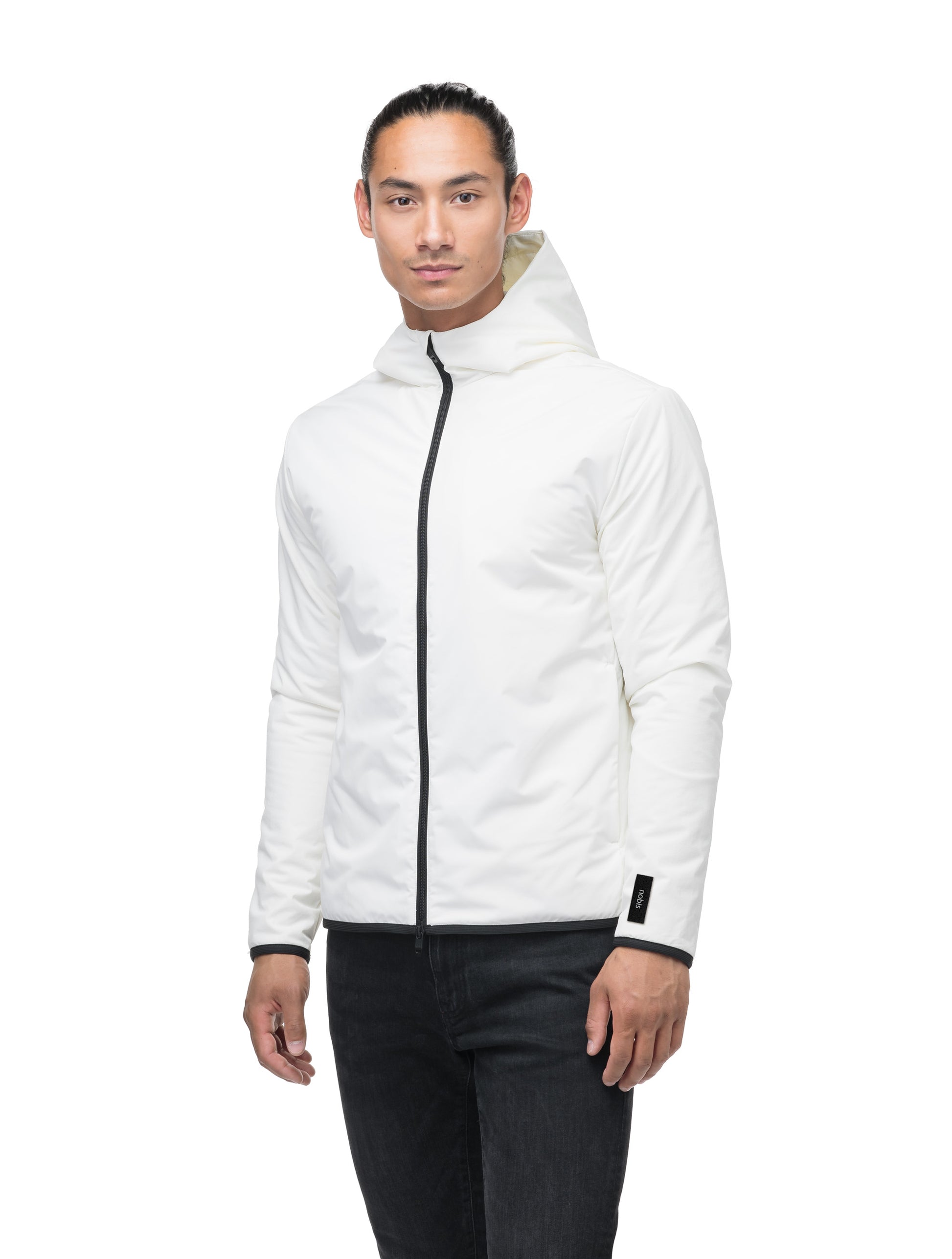 Men's hip length mid layer jacket with non-removable hood and two-way zipper in Chalk