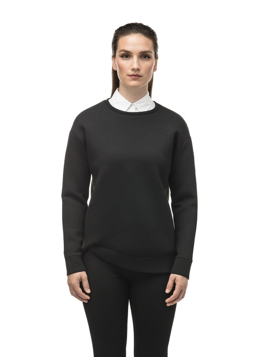 Classic black women's crew neck pullover with fold over hem detail in Black