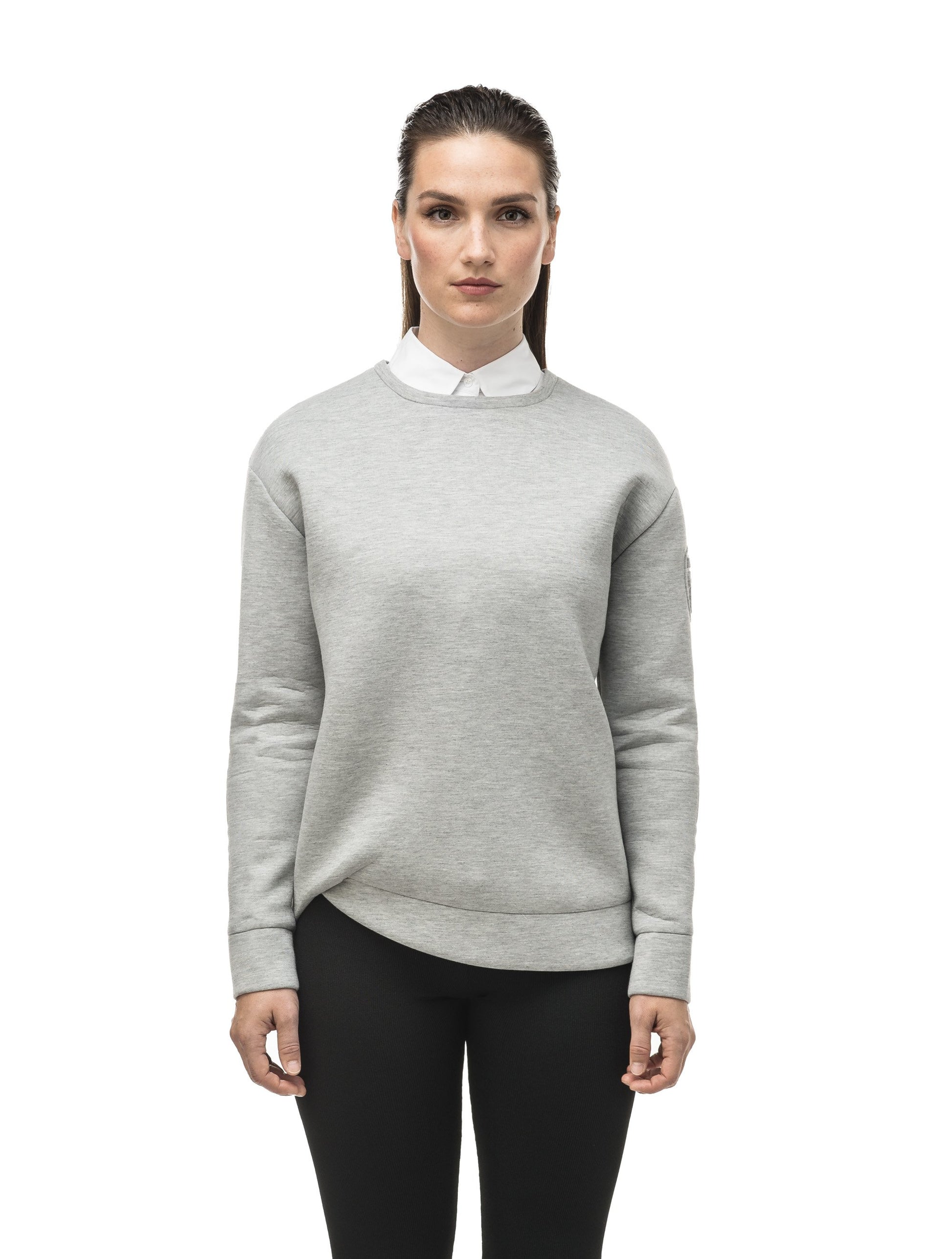 Classic women's crew neck pullover with fold over hem detail in Grey Melange