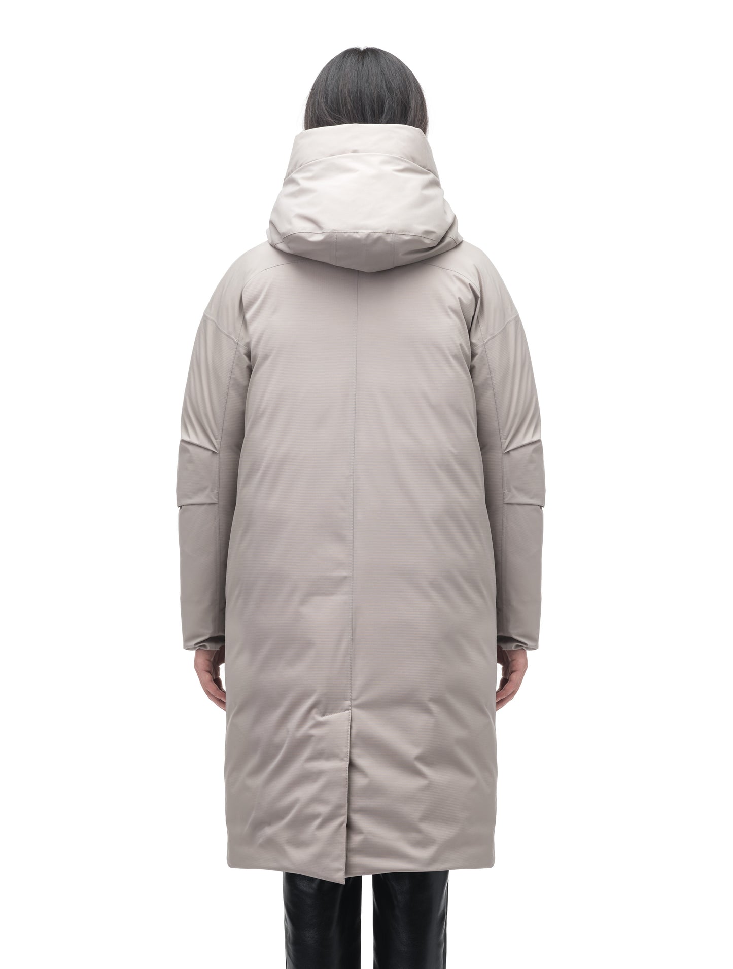 Axis Ladies Oversized Coat in knee length, Canadian duck down insulation, and two-way front zipper, in Clay