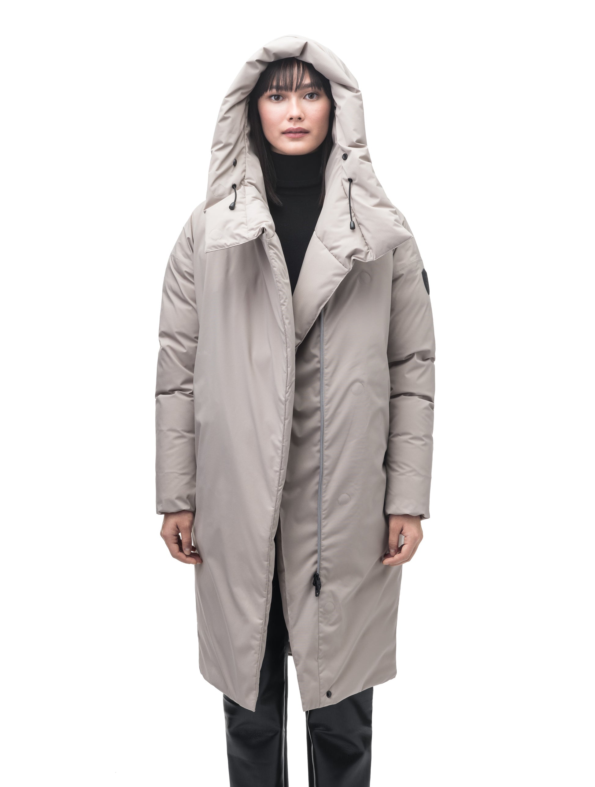 Axis Ladies Oversized Coat in knee length, Canadian duck down insulation, and two-way front zipper, in Clay