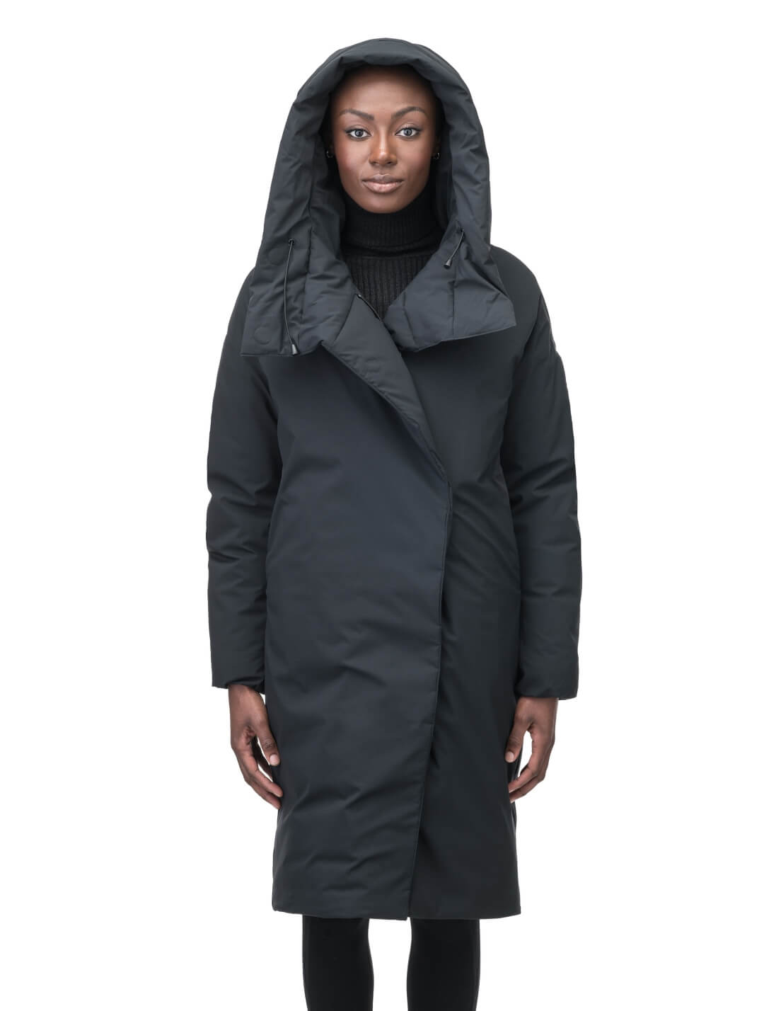 Axis Ladies Oversized Coat in knee length, Canadian duck down insulation, and two-way front zipper, in Black