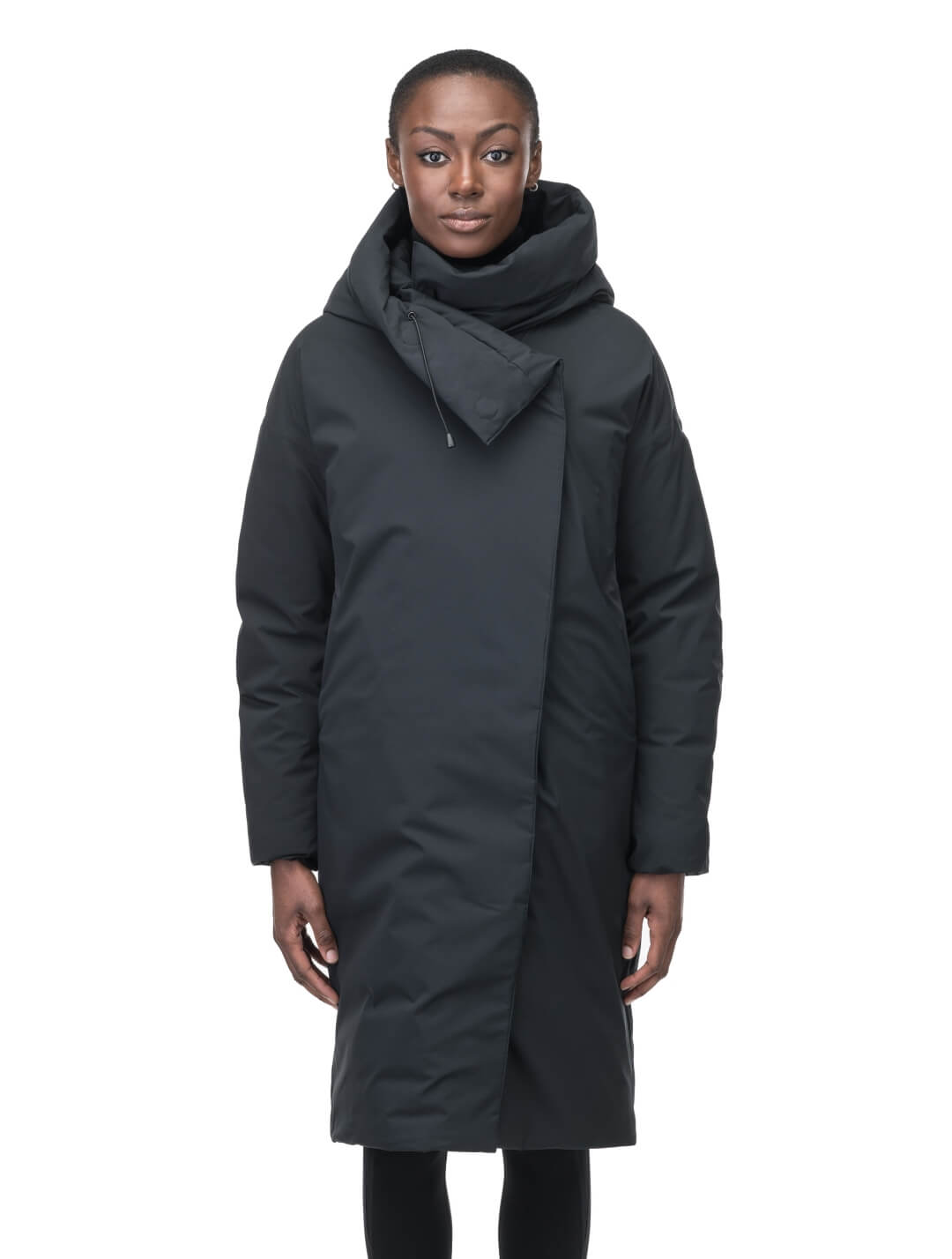 Axis Ladies Oversized Coat in knee length, Canadian duck down insulation, and two-way front zipper, in Black