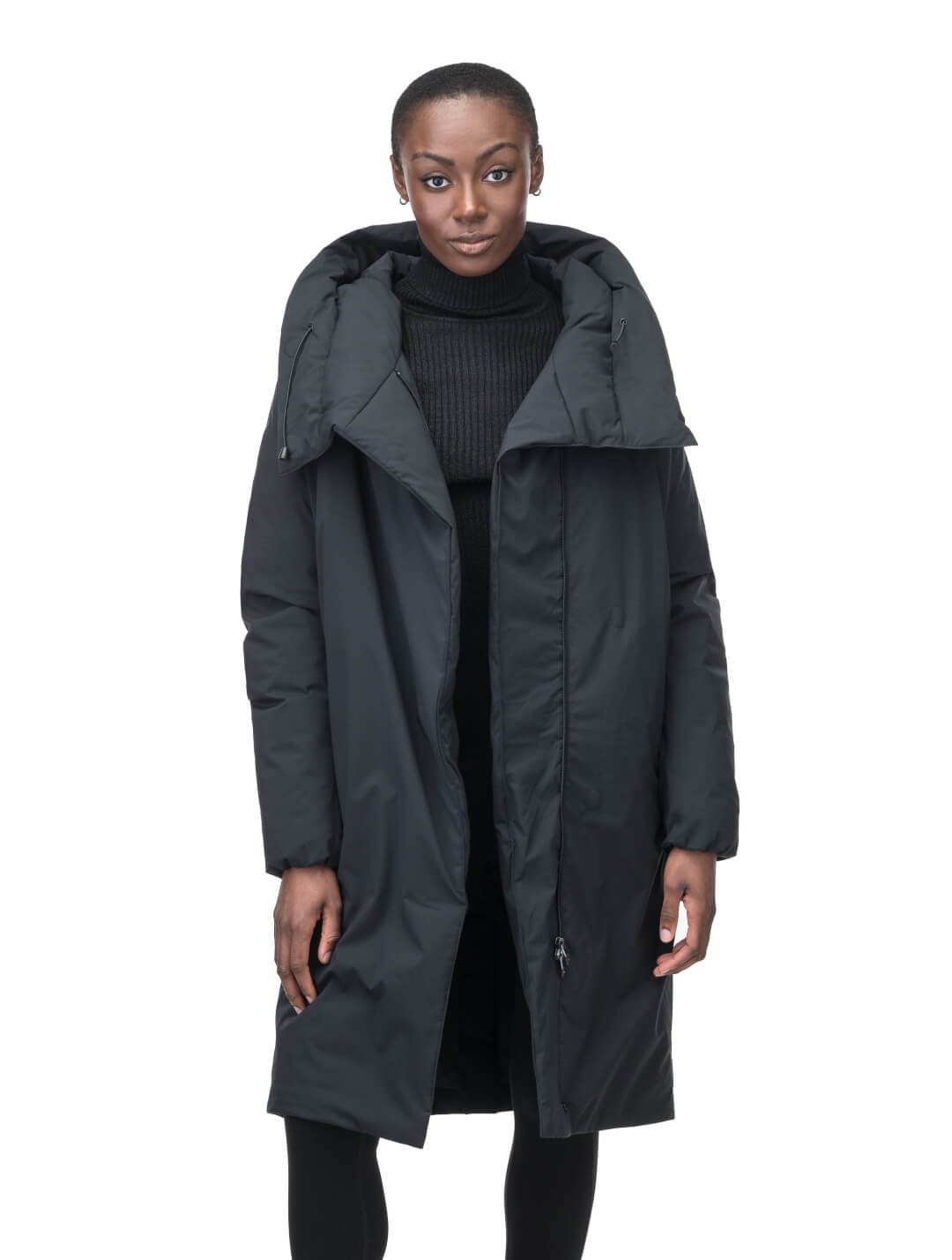 Axis Ladies Oversized Coat in knee length, Canadian duck down insulation, and two-way front zipper, in Black