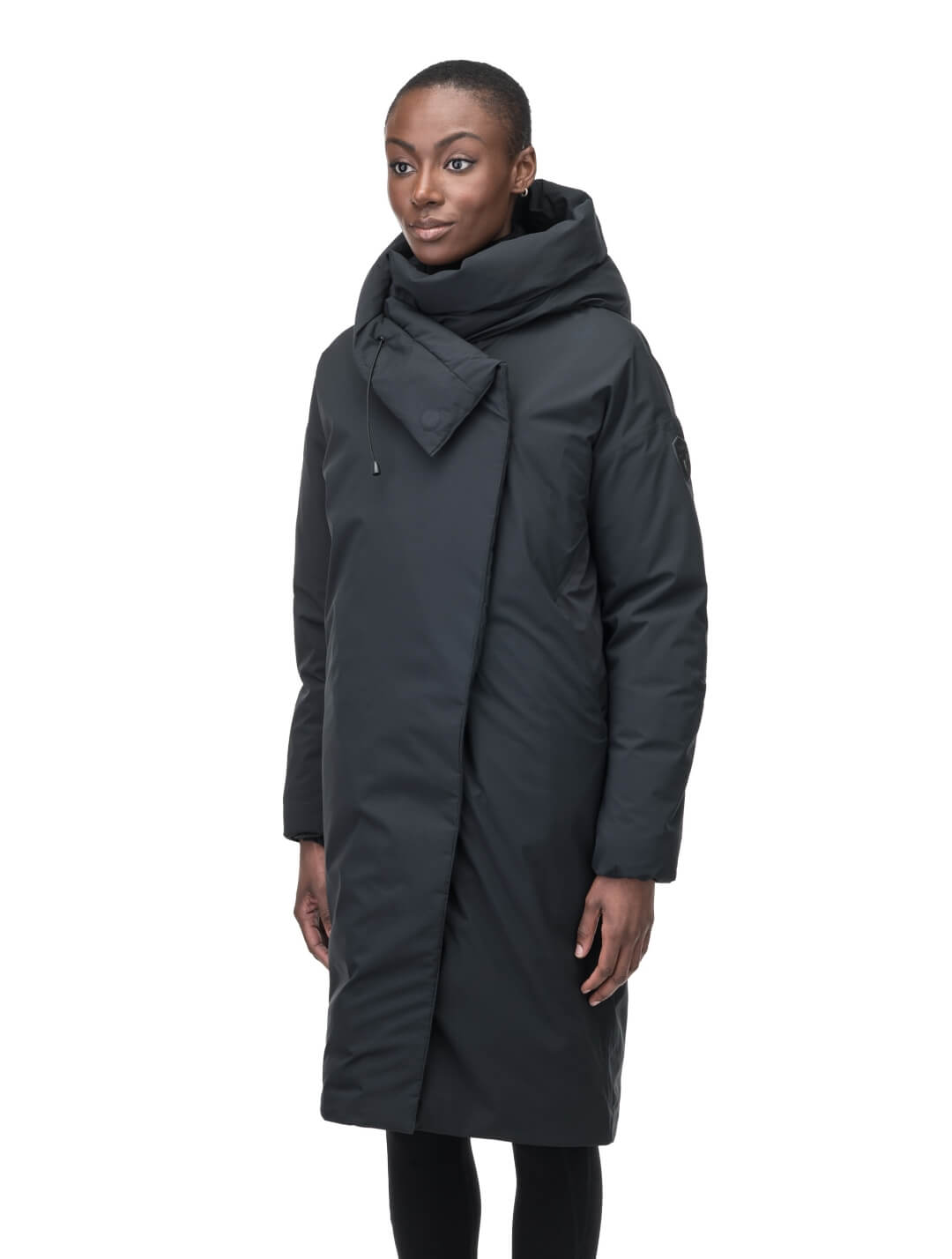 Axis Ladies Oversized Coat in knee length, Canadian duck down insulation, and two-way front zipper, in Black