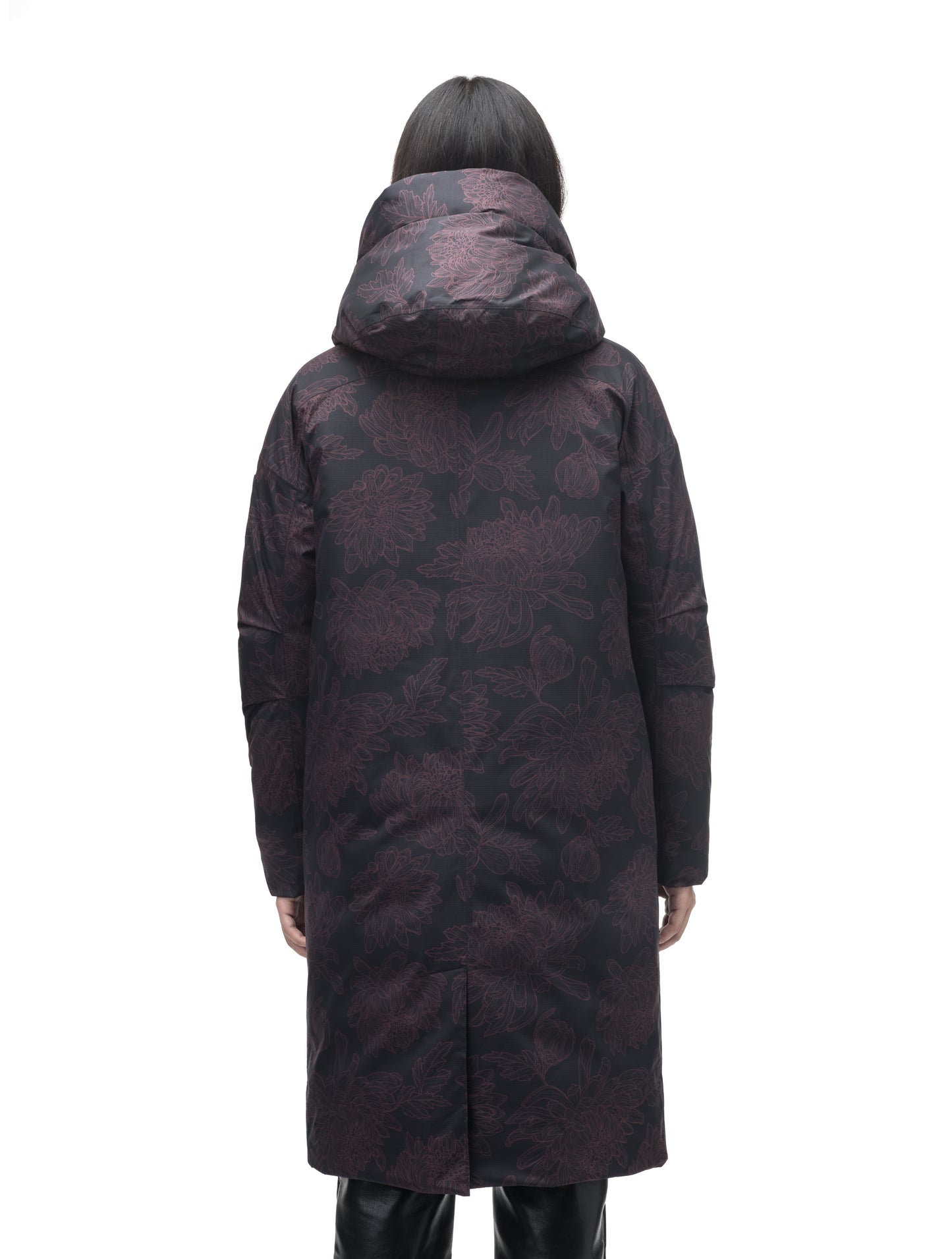 Axis Ladies Oversized Coat in knee length, Canadian duck down insulation, and two-way front zipper, in Dark Floral